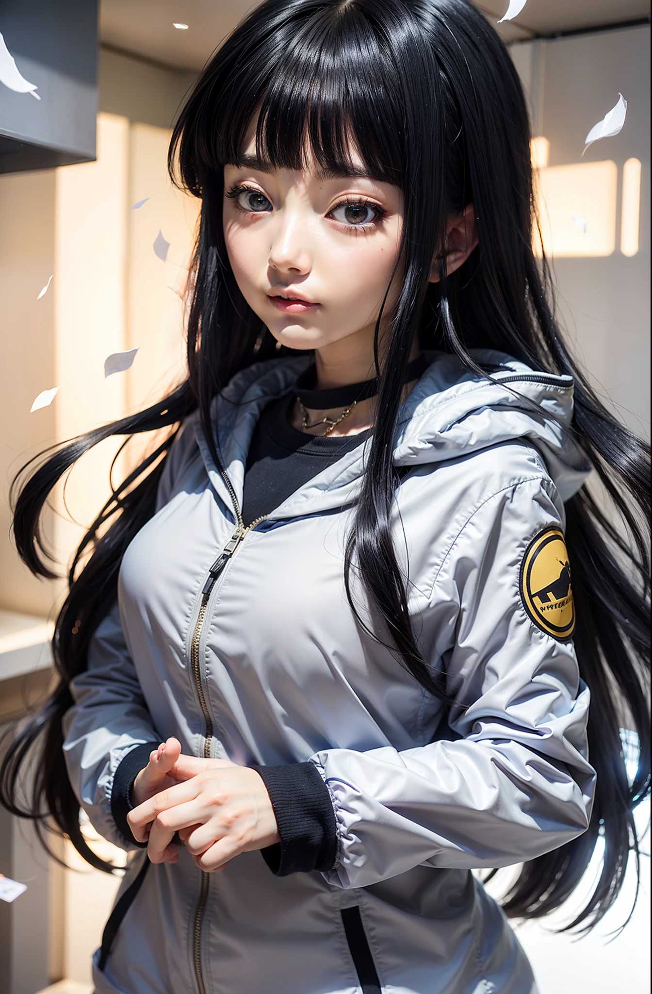 anime girl with long black hair and blue eyes standing in a room, hinata hyuga, hinata hyuga from naruto, anime moe artstyle, black haired girl wearing hoodie, marin kitagawa fanart, kantai collection style, portrait anime space cadet girl, smooth anime cg art, kotegawa yui, (anime girl), anime best girl, shikamimi