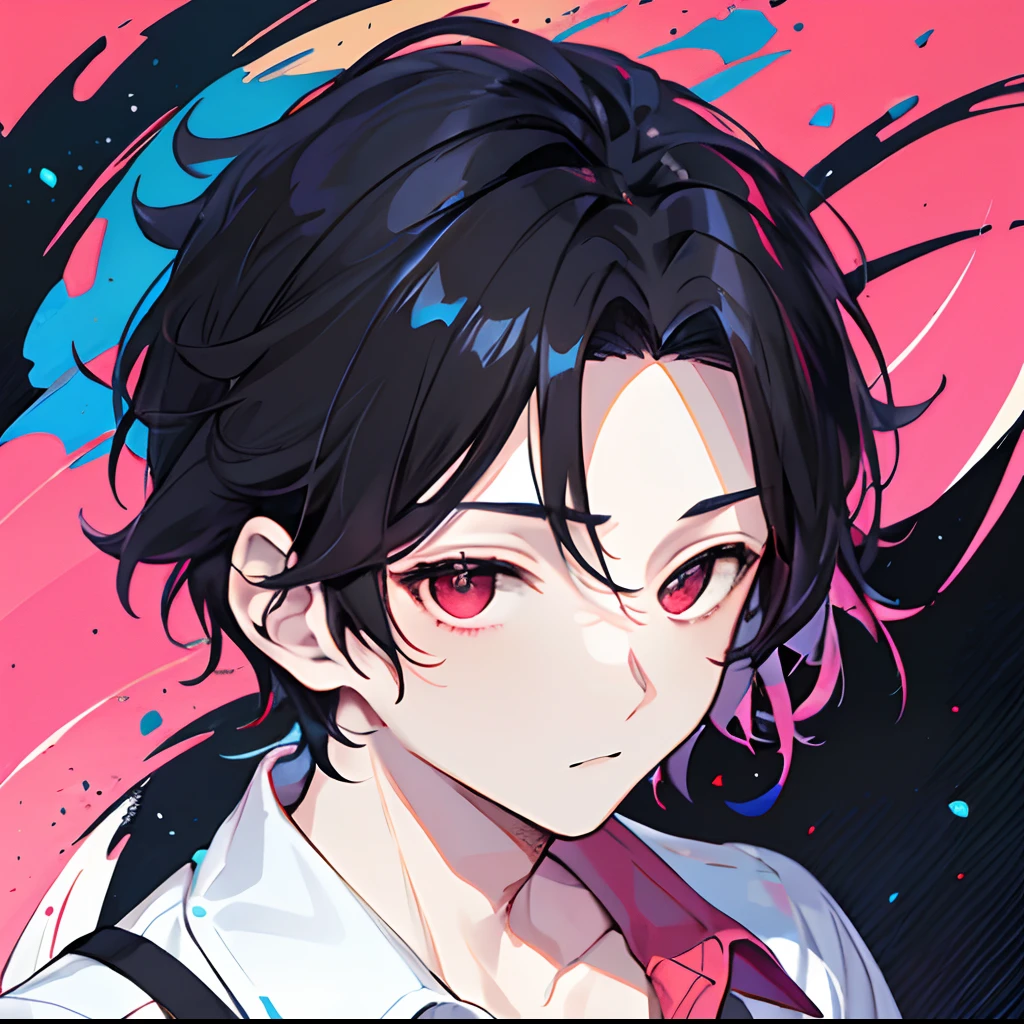1 boy, handsome boy, black hair, comma hair, forehead comma hair, korean hair, Red eyes, T shirt, pink and blue splash, looking at viewer, upper body