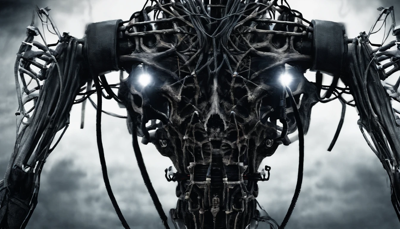 Horror robot skull, cables, wires.