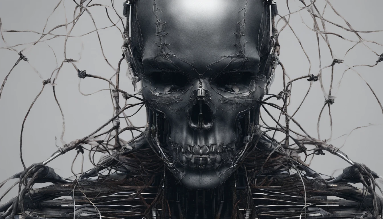 Horror robot skull, cables, wires.