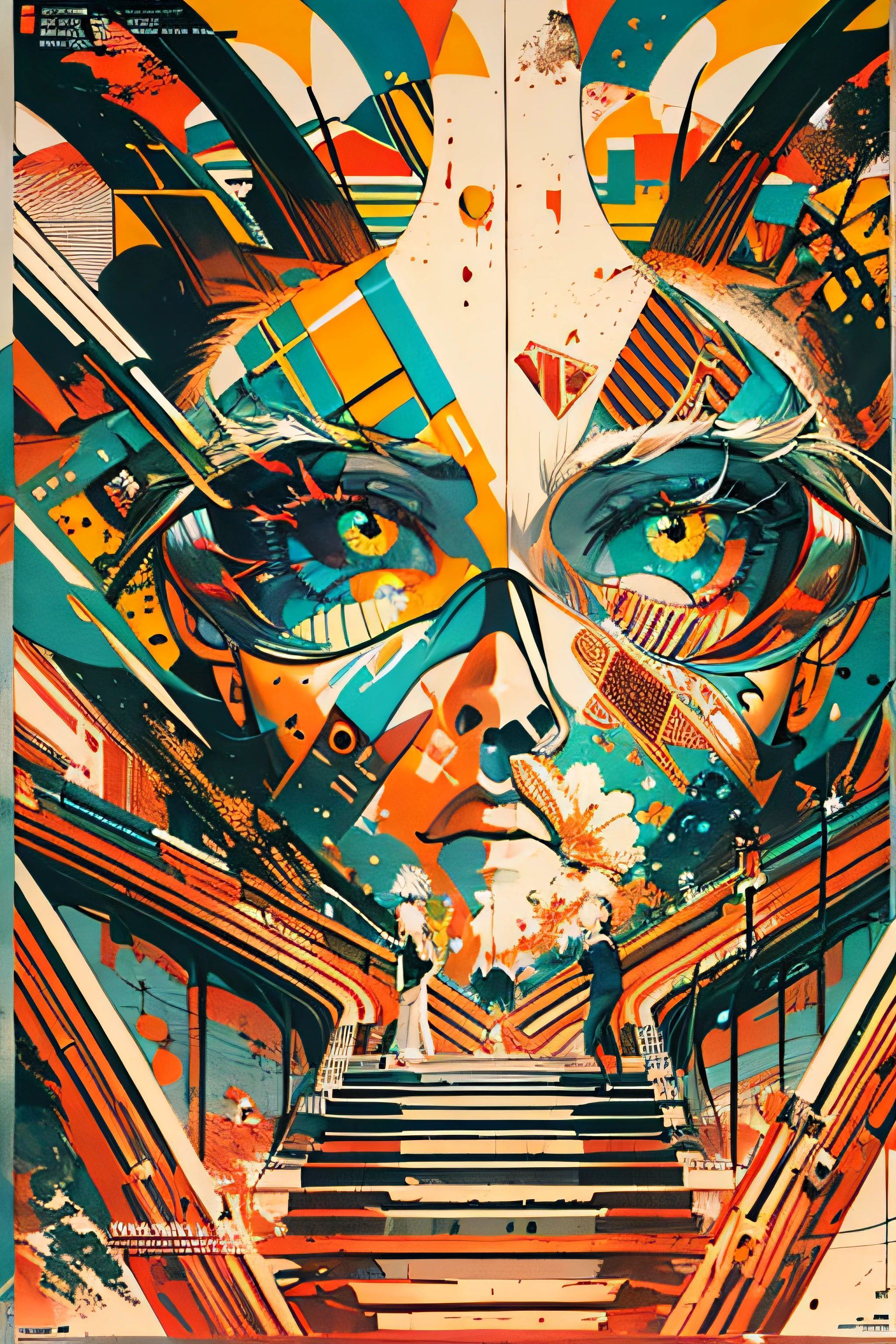 (((dramatic))), (((gritty))), (((intense)))), space,  The movie poster features \(Masterpiece, Best Quality), 8k Wallpaper, highly detailed, poster, vintage, 1960s, Bauhaus, cinematic movie poster, shapes, lines, abstract, propaganda, mid century modern, movie poster, The color palette is dominated by dark colors, dotted with bright colors, giving the poster a dynamic and visual impact, (magazine:1.3), (cover-style:1.3), fashionable, vibrant, outfit, posing, front, colorful, dynamic, background, element, confident, expressive, holding, statement, attachment, majestic, coiled, around, touch, scene, cover, bold, eye-catching, fashion, catchy, bigger, eye-catching, modern, trendy, focused, stylish, no text