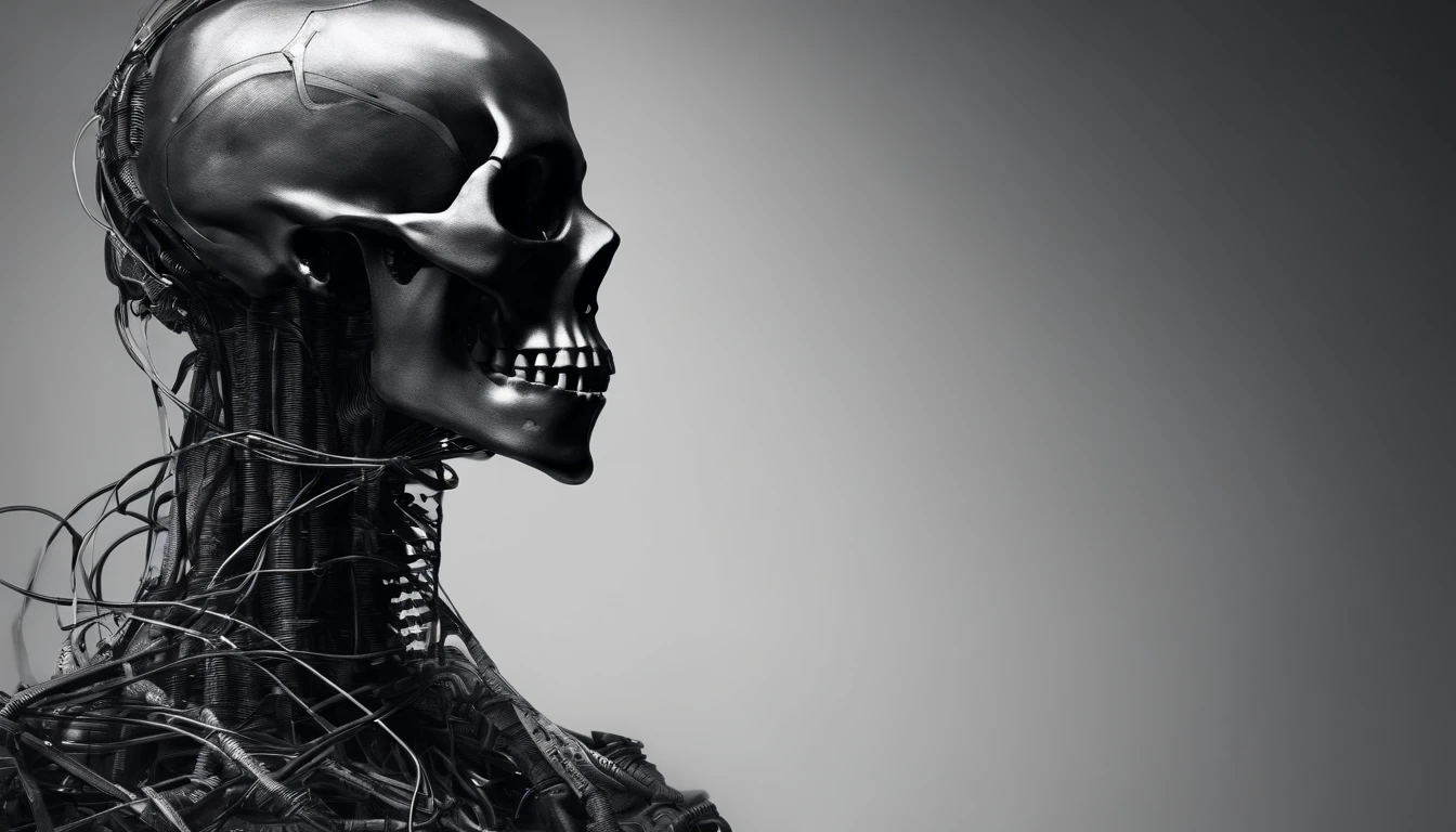 Horror robot skull, cables, wires.