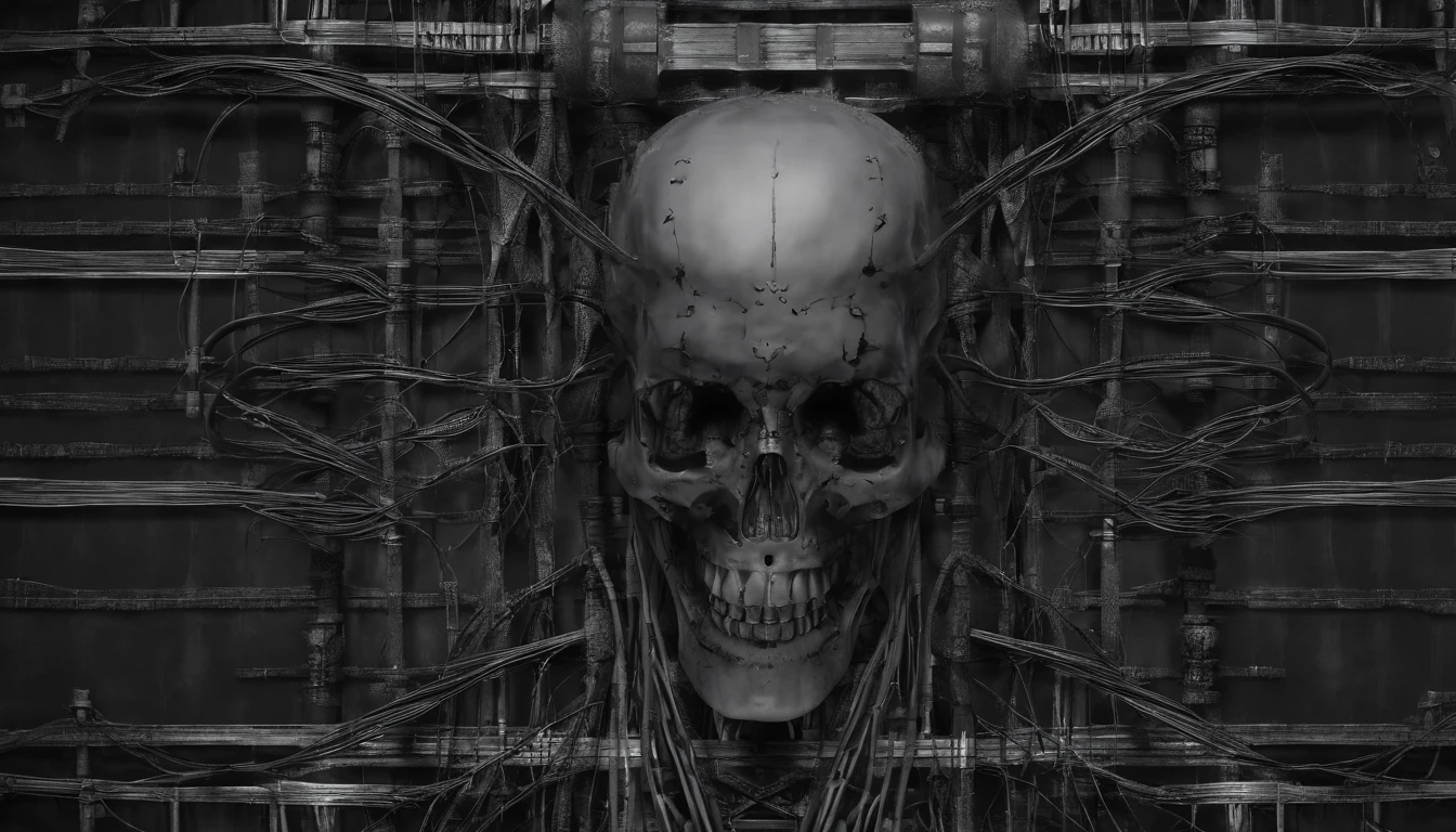 Horror robot skull, cables, wires.