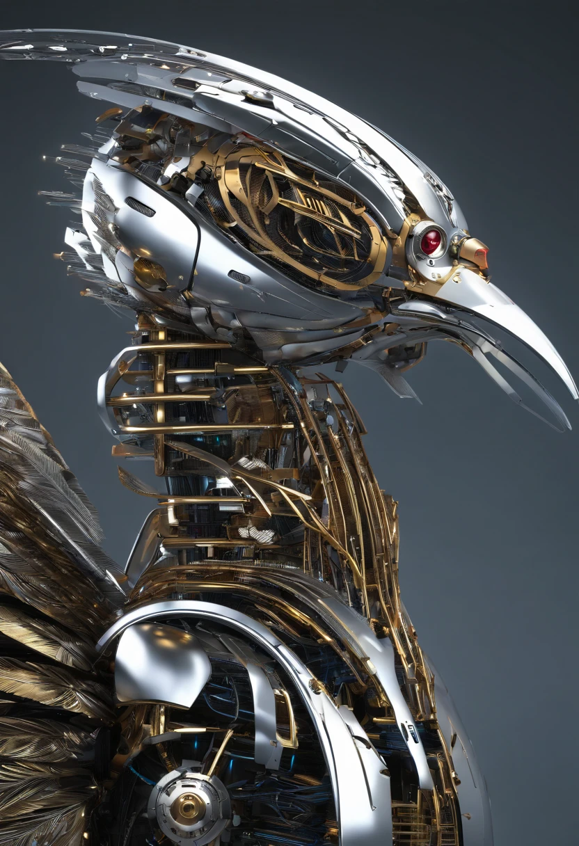 mechanical bird,metallic feathers,artificial intelligence,Futurism,Theo Jansen,The Wind-up Bird Chronicle,Close-up shot,Close-up shot,colour