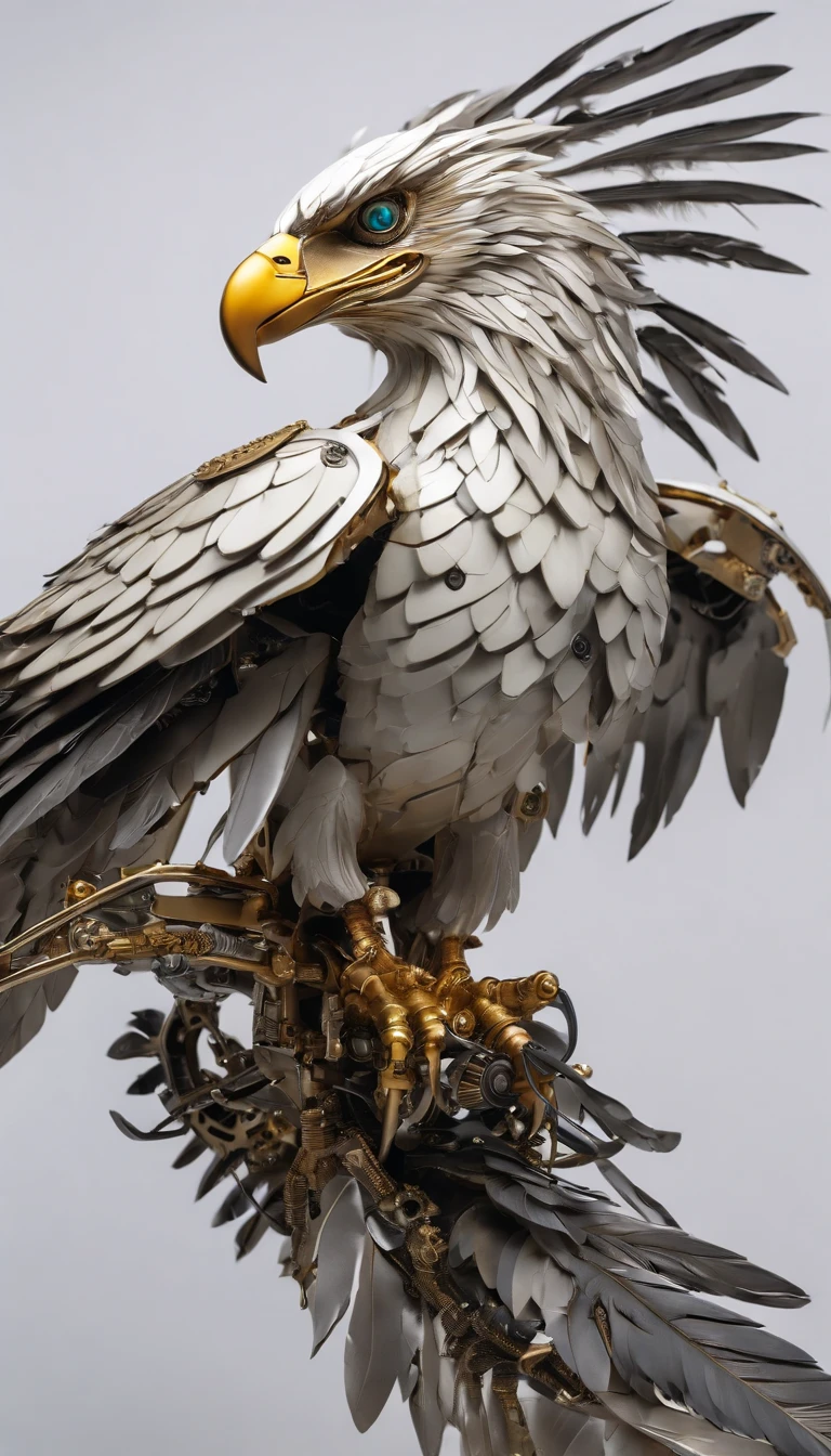 (color anmie style,A close-up photo of a mechanical bird,The appearance of an eagle,Steel Feather:1.25),Biomechanical,mecha design by shinku kim,(full body shot,white background:1.55),Sharp appearance and smooth transition armor，Full body mech display，Microscopic watercolor annihilated in the macroscopic Big Bang oil painting，Floating flying armor、Twisted power light waves、Incredible biological exoskeletons,Showing the strangeness and beauty of nature from a microscopic perspective。Highly zoomed in to reveal details that are overlooked on a daily basis，cannot structure floating weapons,Dark black petroleum magnetic fluid scintillation ripple,extreme detail