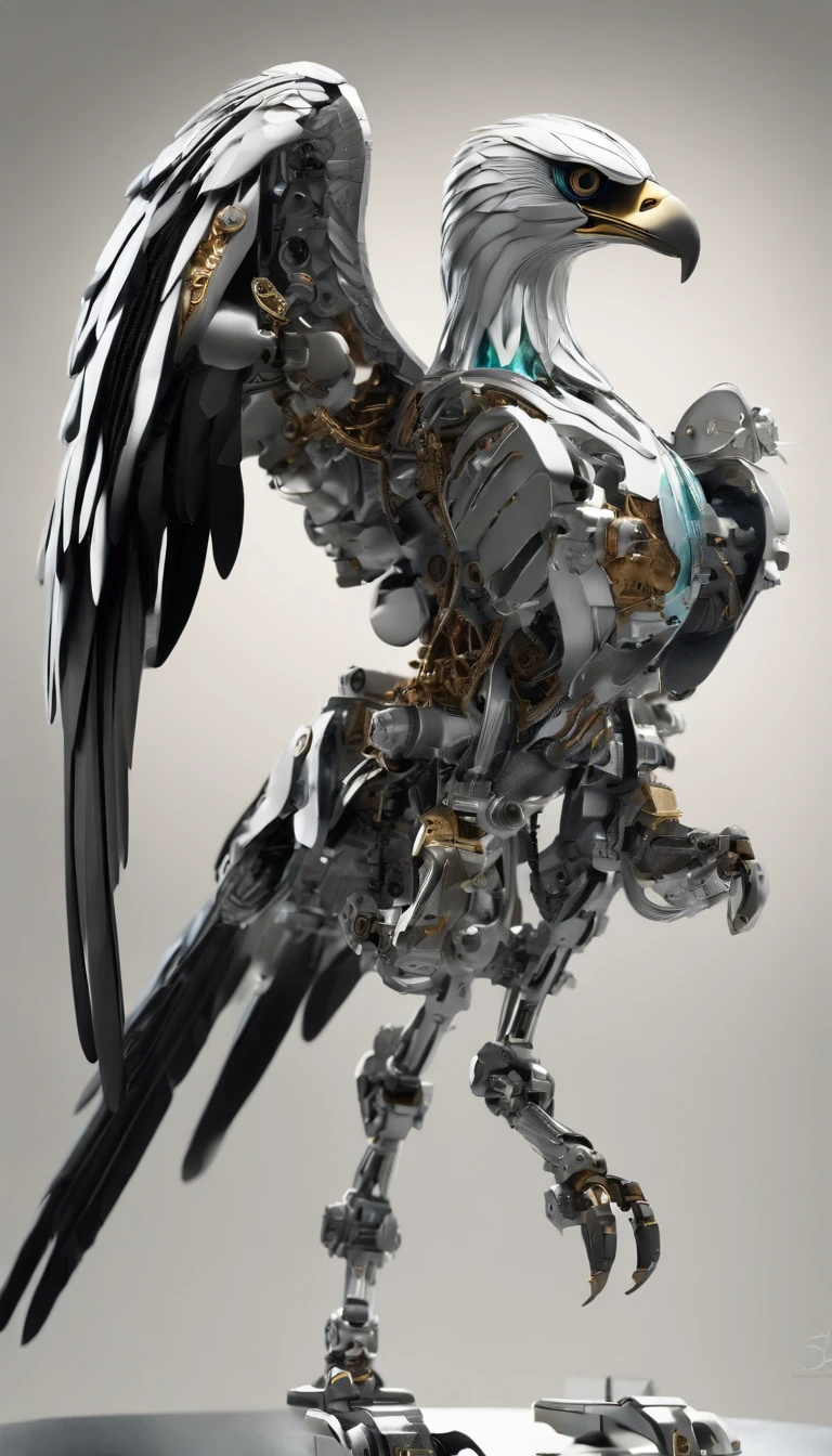 (color anmie style,A close-up photo of a mechanical bird,The appearance of an eagle,Steel Feather:1.25),Biomechanical,mecha design by shinku kim,(full body shot,white background:1.55),Sharp appearance and smooth transition armor,Full body mech display,Microscopic watercolor annihilated in the macroscopic Big Bang oil painting,Floating flying armor、Twisted power light waves、Incredible biological exoskeletons,Showing the strangeness and beauty of nature from a microscopic perspective。Highly zoomed in to reveal details that are overlooked on a daily basis,cannot structure floating weapons,Dark black petroleum magnetic fluid scintillation ripple,extreme detail