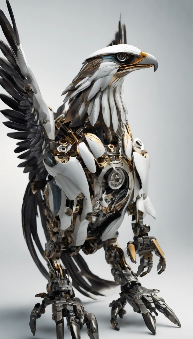 (color anmie style,A close-up photo of a mechanical bird,The appearance of an eagle,Steel Feather:1.25),Biomechanical,mecha design by shinku kim,(full body shot,white background:1.55),Sharp appearance and smooth transition armor,Full body mech display,Microscopic watercolor annihilated in the macroscopic Big Bang oil painting,Floating flying armor、Twisted power light waves、Incredible biological exoskeletons,Showing the strangeness and beauty of nature from a microscopic perspective。Highly zoomed in to reveal details that are overlooked on a daily basis,cannot structure floating weapons,Dark black petroleum magnetic fluid scintillation ripple,extreme detail