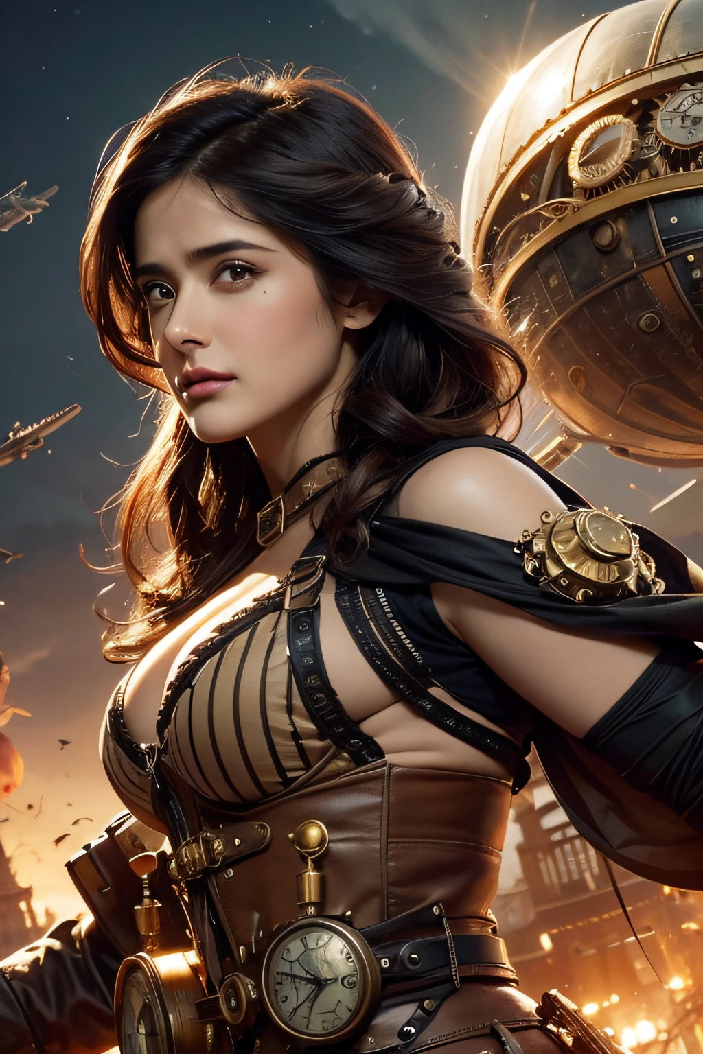 Create a captivating steampunk portrait featuring Salma Hayek as a fearless aerial explorer with gears and goggles, defying gravity in a retro-futuristic airship.