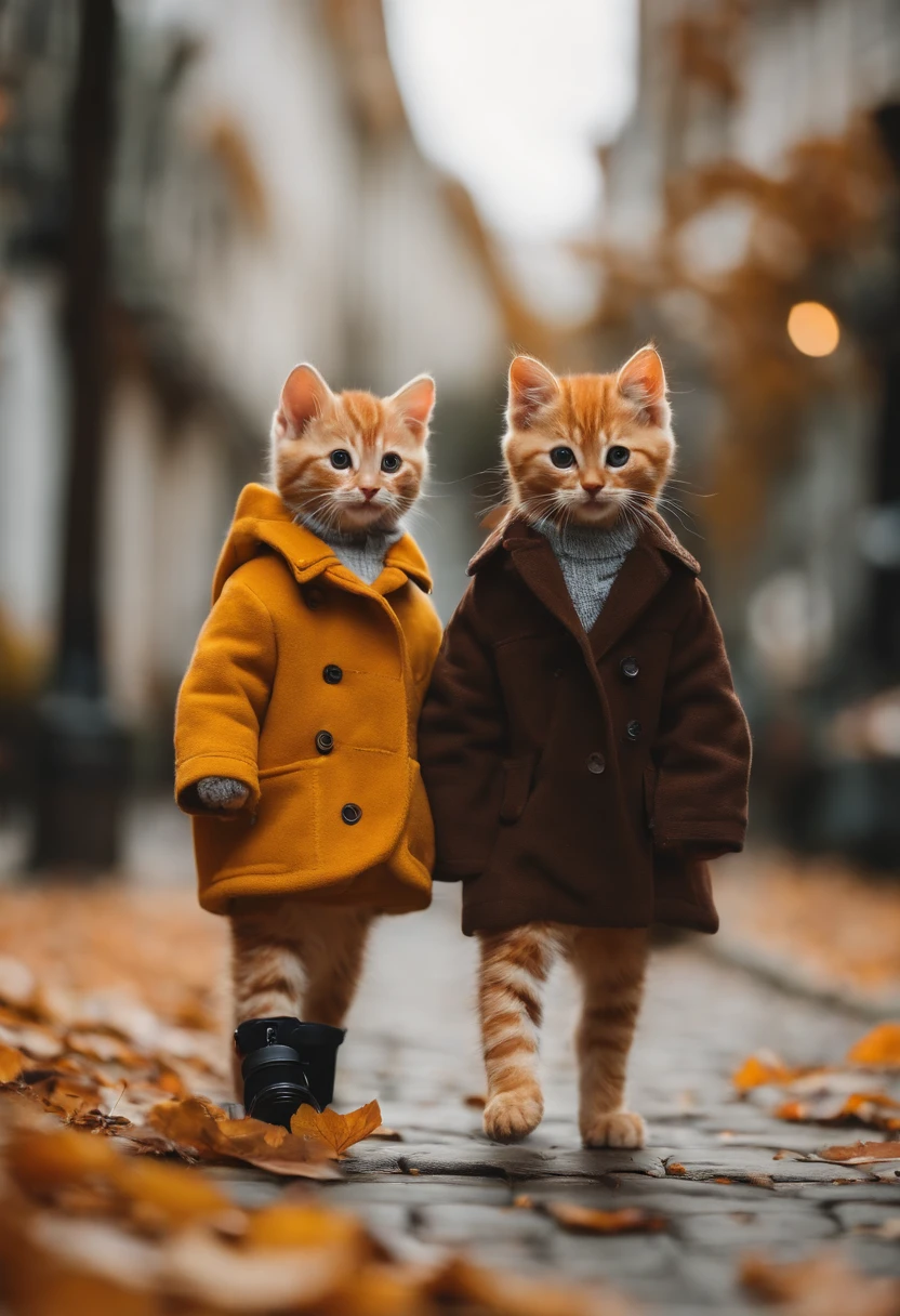 season for autumn、I have two little kittens, a cute little cat, cute kittens, Cutest, Incredibly cute, Adorable and cute, And cute and lovely. They are walking down the street with backpacks, Walking together, commute, Proudly walk down the street, And the cat is walking. They are cute in the style of 🍂 and 🍁, Adorable and cute, Cute and adorable, oh, nice and cute. They are known as real-life Tom and Jerry.Wear warm clothes、muffler、coat