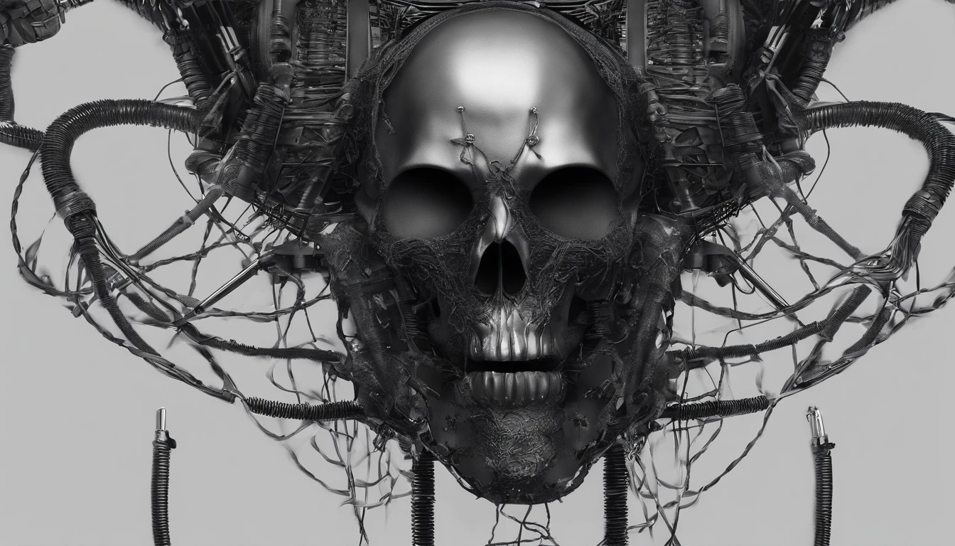 Horror robot skull, cables, wires.
