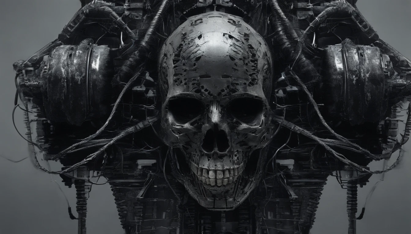 Horror robot skull, cables, wires.