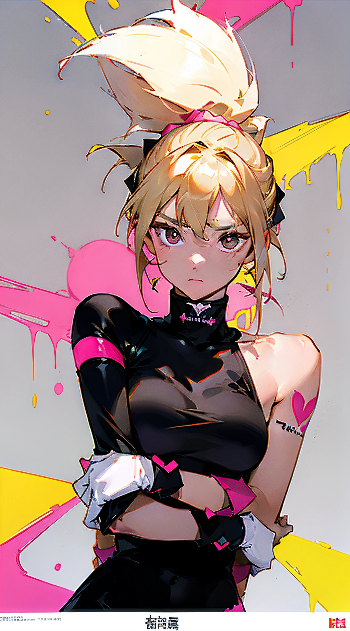 1 girl, Blonde hair, Blonde Woman, Pony tail, bright pink eyes, PastelColors, big breastes, Cute Hair Clips, body tattoos, Supple abs、Navel、Bracelet in hand, Movie Posters、It depicts a young woman as the central character。She stands confidently in the center of the poster,nudde,with determined expressions on their faces。Dark and grainy background,There is a sense of crisis and a strong sense。The text turned out to be bold、Attracted attention,With catchy slogans,Adds overall drama and excitement。The color palette is dominated by dark colors,Dotted with bright colors