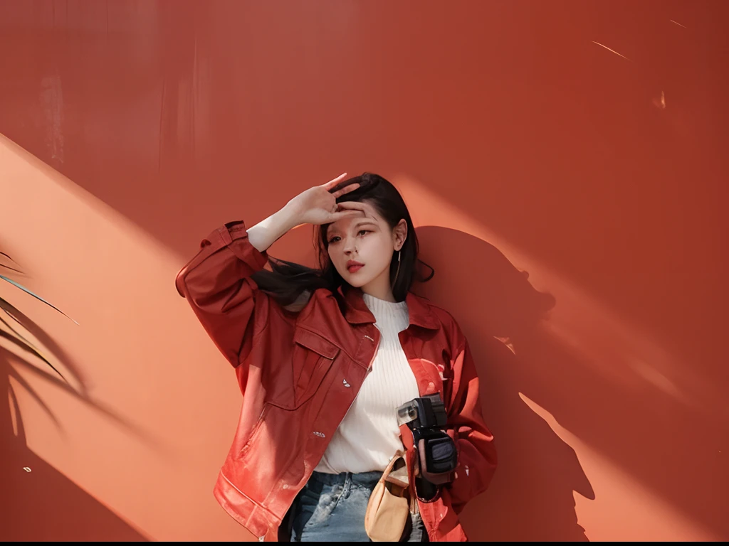 Red wall background,The sun shines on the woman,The woman wears a red jacket and blue jeans,Holding the camera in hand。Cover the sun with your hands,The woman's side face is perfect,Hands perfect。Generate a watercolor effect image。