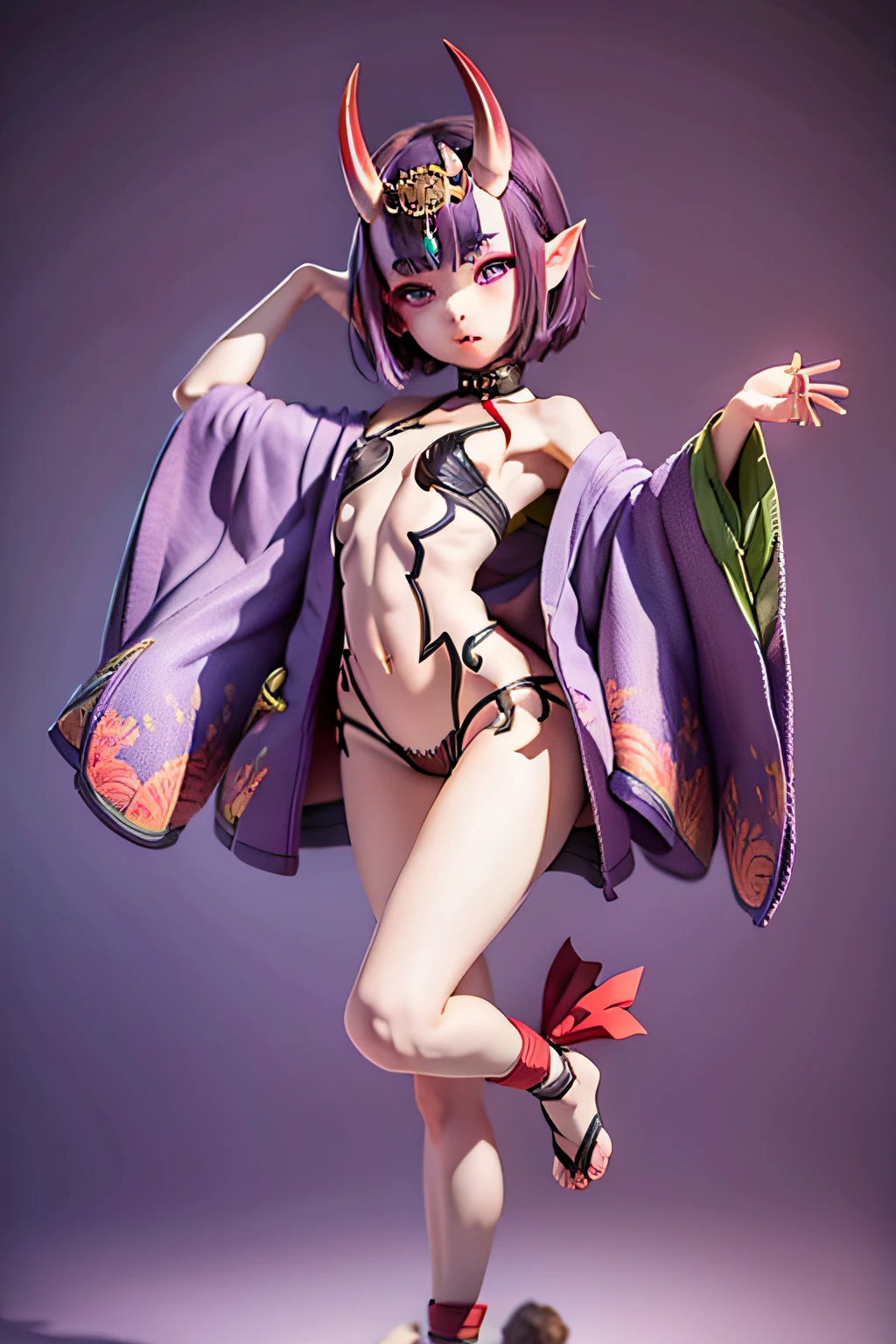 ,blind box, shuten douji, headpiece, revealing clothes, bare arms, ankle ribbon, barefoot sandals, flirty look, short purple kimono, small breasts, slim, fullbody shot,