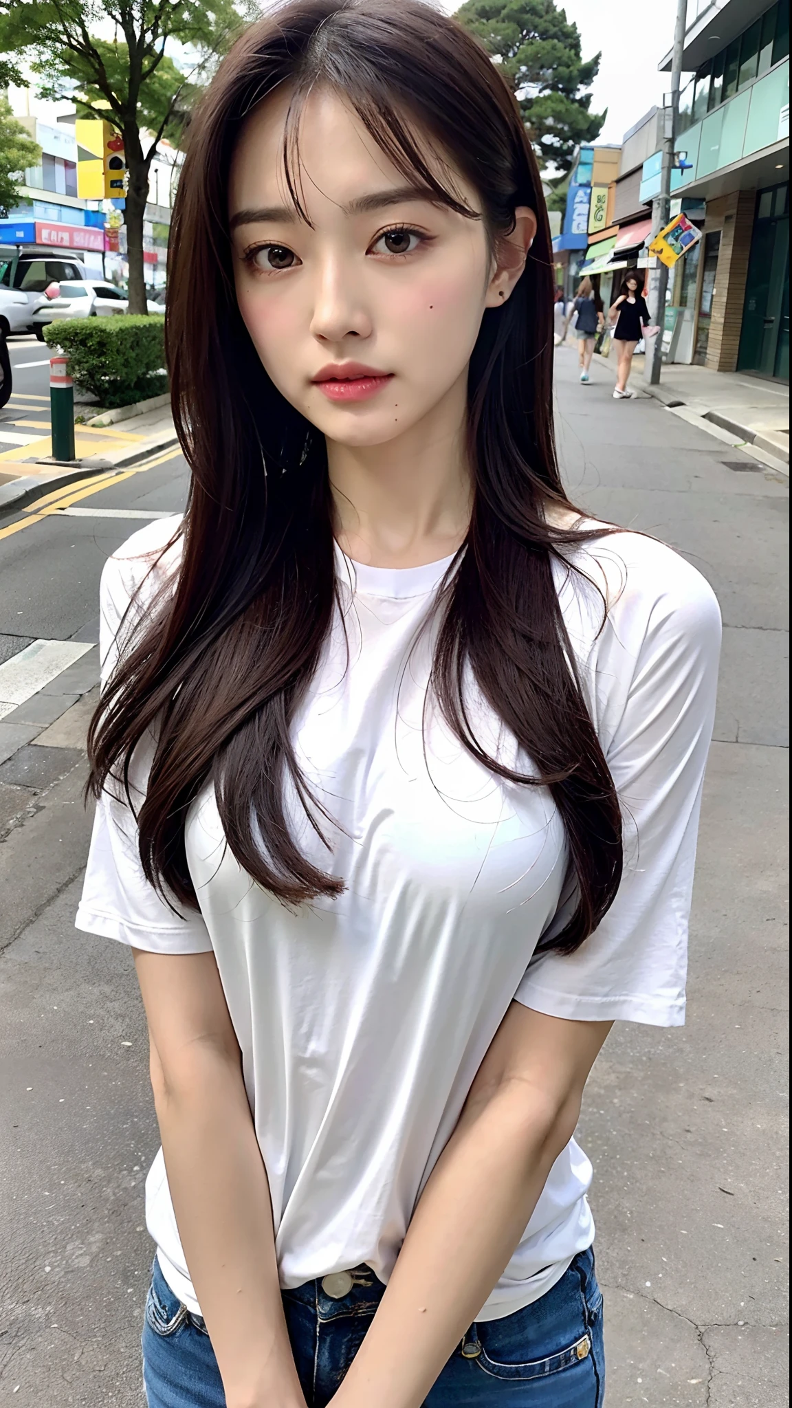 (daytime, wonderful, 8K, masterpiece:1.3)), full body, long legs, focal distance: 1.2, perfect body beauty: 1.4, slim abs: 1.1, ((dark brown hair, 1.2 )), (white skinny t-shirt,, Are standing: 1.2), ), Highly detailed face and skin texture, fine eyes, double eyelid, long flowing hair, Weather Caster,white wall