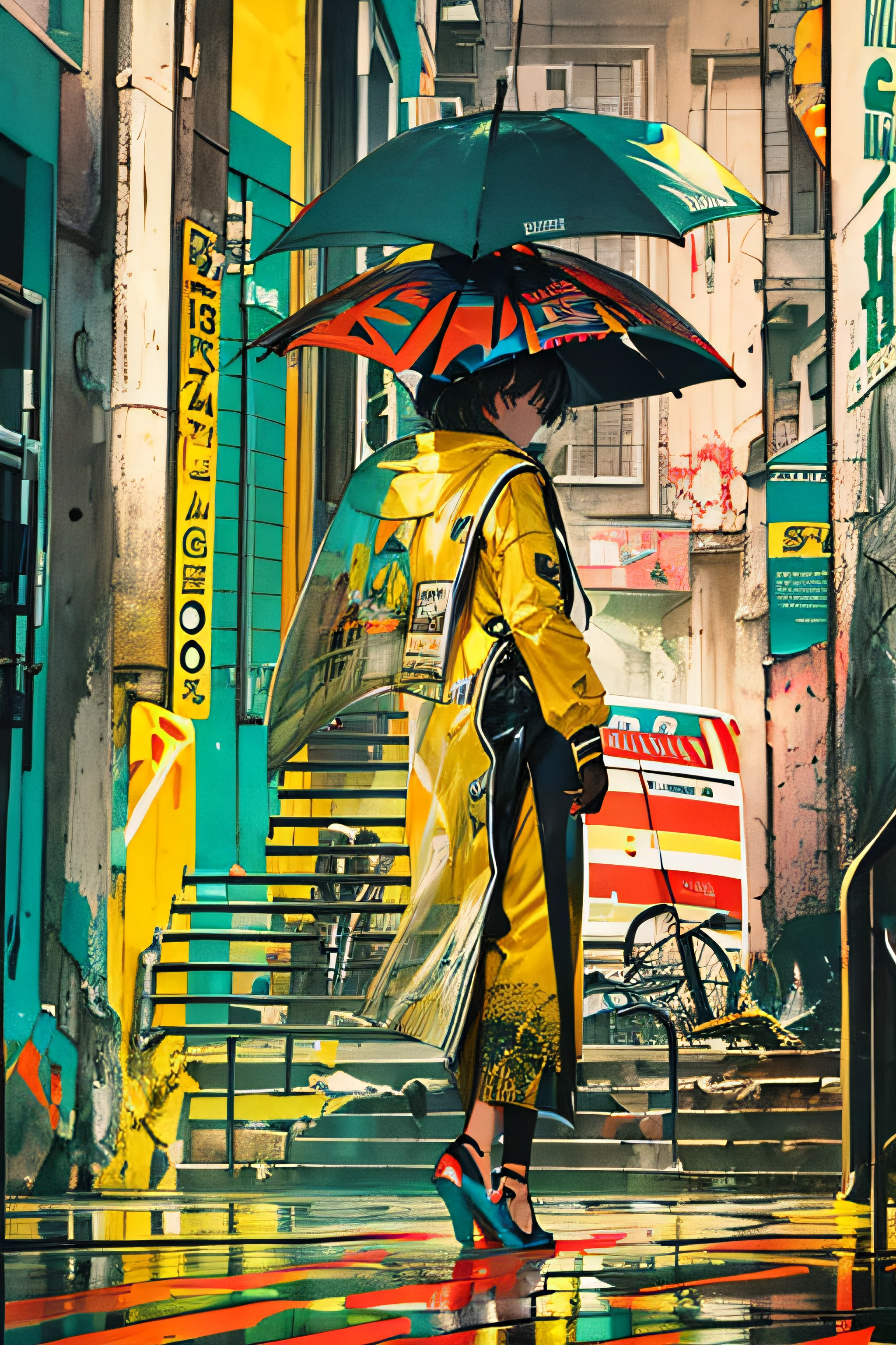 (((dramatic))), (((gritty))), (((intense)))), ocean, wet street, The movie poster features \(Masterpiece, Best Quality), 8k Wallpaper, highly detailed, poster, vintage, 1960s, Bauhaus, cinematic movie poster, shapes, lines, abstract, propaganda, mid century modern, movie poster, The color palette is dominated by dark colors, dotted with bright colors, giving the poster a dynamic and visual impact, (magazine:1.3), (cover-style:1.3), fashionable, vibrant, outfit, posing, front, colorful, dynamic, background, element, confident, expressive, holding, statement, attachment, majestic, coiled, around, touch, scene, cover, bold, eye-catching, fashion, catchy, bigger, eye-catching, modern, trendy, focused, stylish, no text