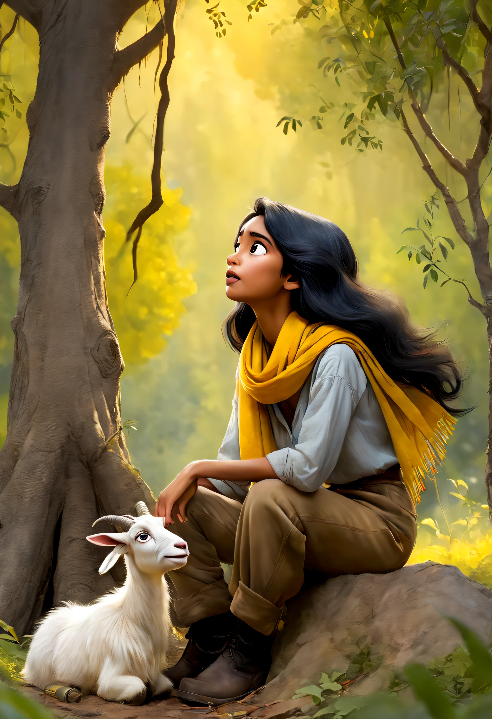 (Disney Pixar Style: 1.1), full body photo, A painting of a woman, Narayana Prabakala, Looking up, LONG BLACK HAIR, talking to a goat, with yellow scarf around her neck, Against the backdrop of a forest, (talking while sitting under a tree: 1.15), Wearing a torn dark brown shirt and tattered gray pants, dusty black work boots, on a summer afternoon