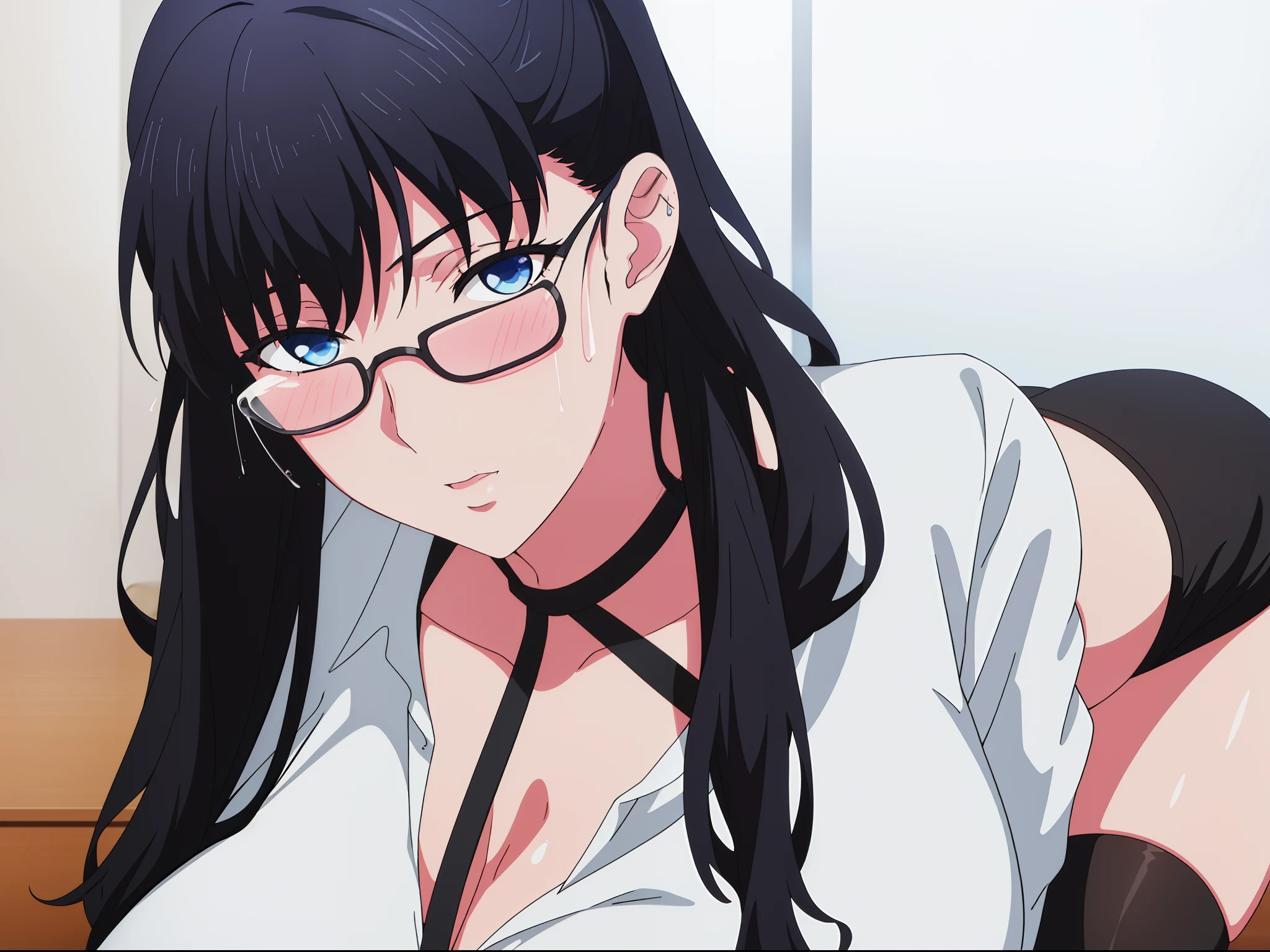 one-girl,(Wear a teacher's uniform,Long black stockings,),black_Hair,Blue eyes,pony tails,bangs,Long hair, 1 girl, 20yr old,younger female,Beautiful Finger,Beautiful long legs,Beautiful body,Beautiful nose,Beautiful character design, Perfect eyes, Perfect face,Expressive eyes,Perfect balance, view the viewer,(Focus on her face),(Innocent_Swallowing_Eyes:1.0),(Light_Smile:0.3), offcial art,Extremely detailed CG unifies 8K, 8K, Diamond, and wallpaper, Perfect lighting,Colorful, Bright_Front_face_lighting,White skin, (Masterpiece:1.0),(Best_quality:1.0), 超A high resolution,4K,Ultra-detailed, Photography, 8K, hdr, (Wearing black stockings),(In the rental house,Tummy position,get down on the bed ),A high resolution, absurderes:1.2, Kodak Portra 400, filmgrain, The background is blurred out, Bokeh:1.2, Lens flare, (vibrant_Color:1.2),profesional photo,(Beautiful_face:1.5),(Narrow_waistup),(medium boob,Be red in the face,Blushlush,perspire,full of sweat,Enchanting expression,The chest is exposed,very uncomfortable expression),(The face is very red,Blushlush,shyexpression,Wear a thick necklace around your neck),(((Spray water on your face,Spray water on your face))),(There is water vapor,There is water vapor),(Wears black glasses)