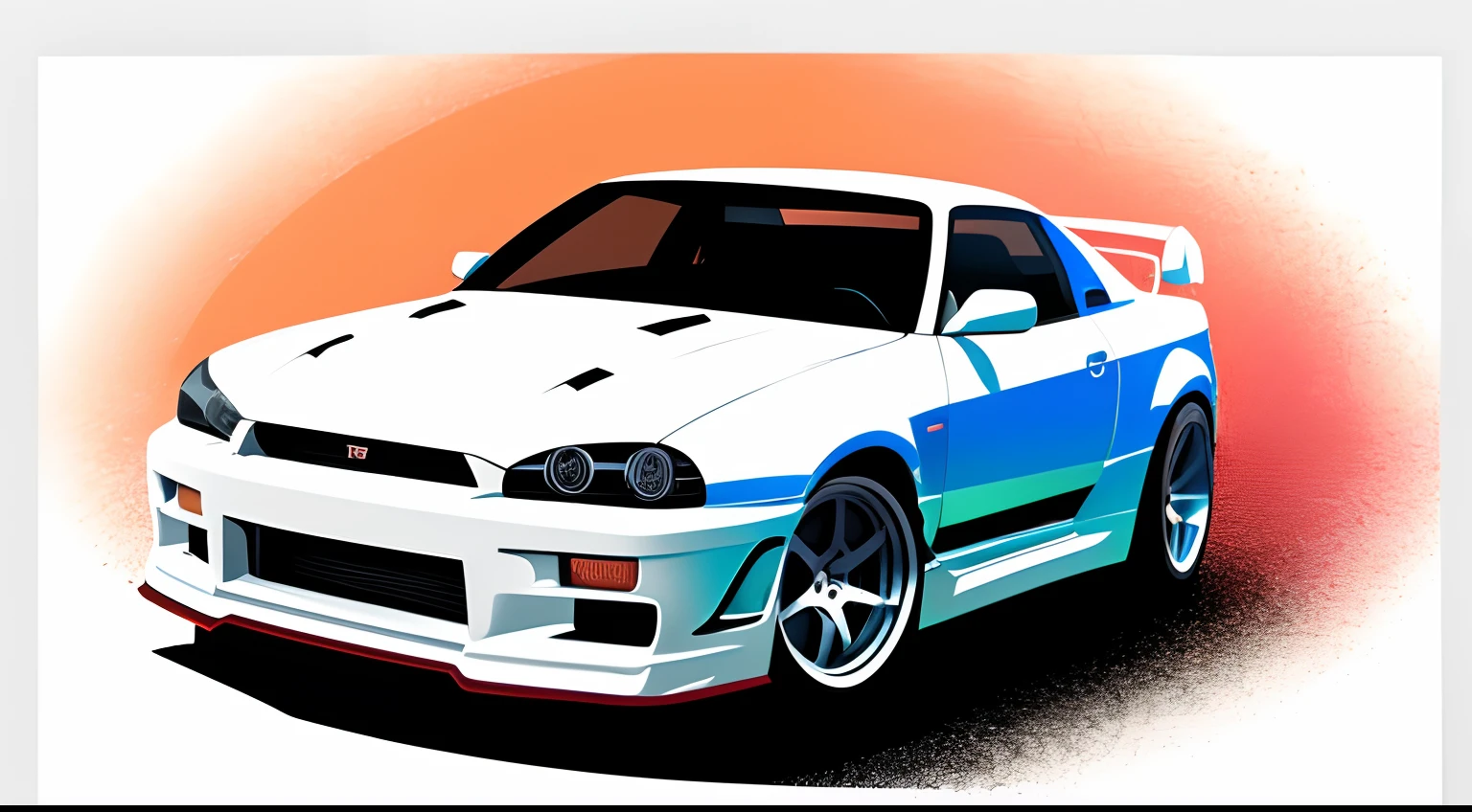 artwork of t-shirt graphic design, flat design of one, GTR Skyline R34, colourful shades, highly detailed clean, vector image, photorealistic masterpiece, professional photography, simple sunrise backdrop, flat white background, isometric, vibrant vector ((white background))