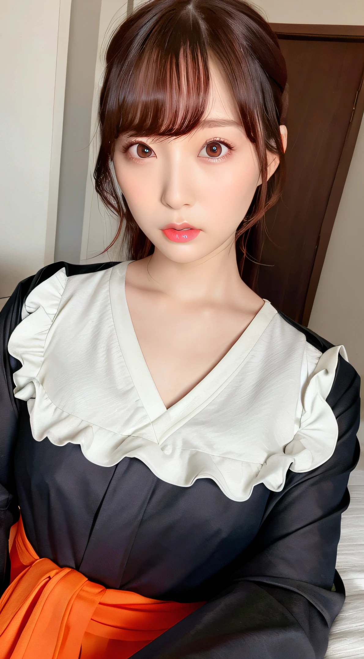 masterpiece, best quality, (dark photo:1.3), photorealistic, 1girl, flat bangs, stunning innocent symmetry face, shirt, emotional, ulzzang, (PureErosFace_V1:0.7), japeneseteacher, red hair, red eyes, facing viewer, front view