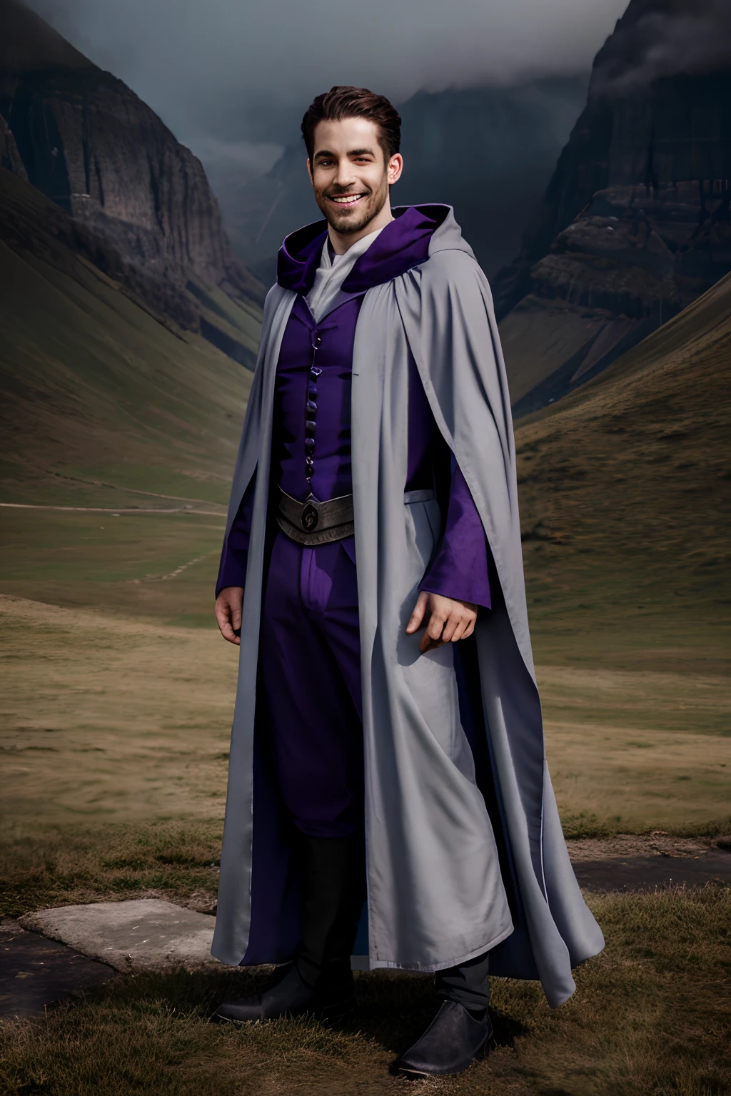 Shadar-kai wizard, pale grey skin, male, full body, smiling, full purple cloak and robe, fully clothed, slightly darker landscape