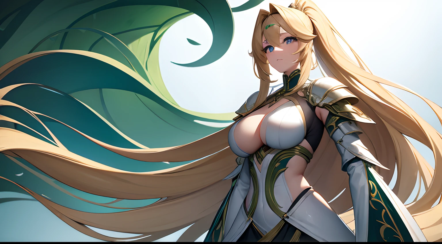 Big sister with long blonde hair，Wearing white armor，is very beautiful，With an elongated double ponytail，Bound by a lot of green vines