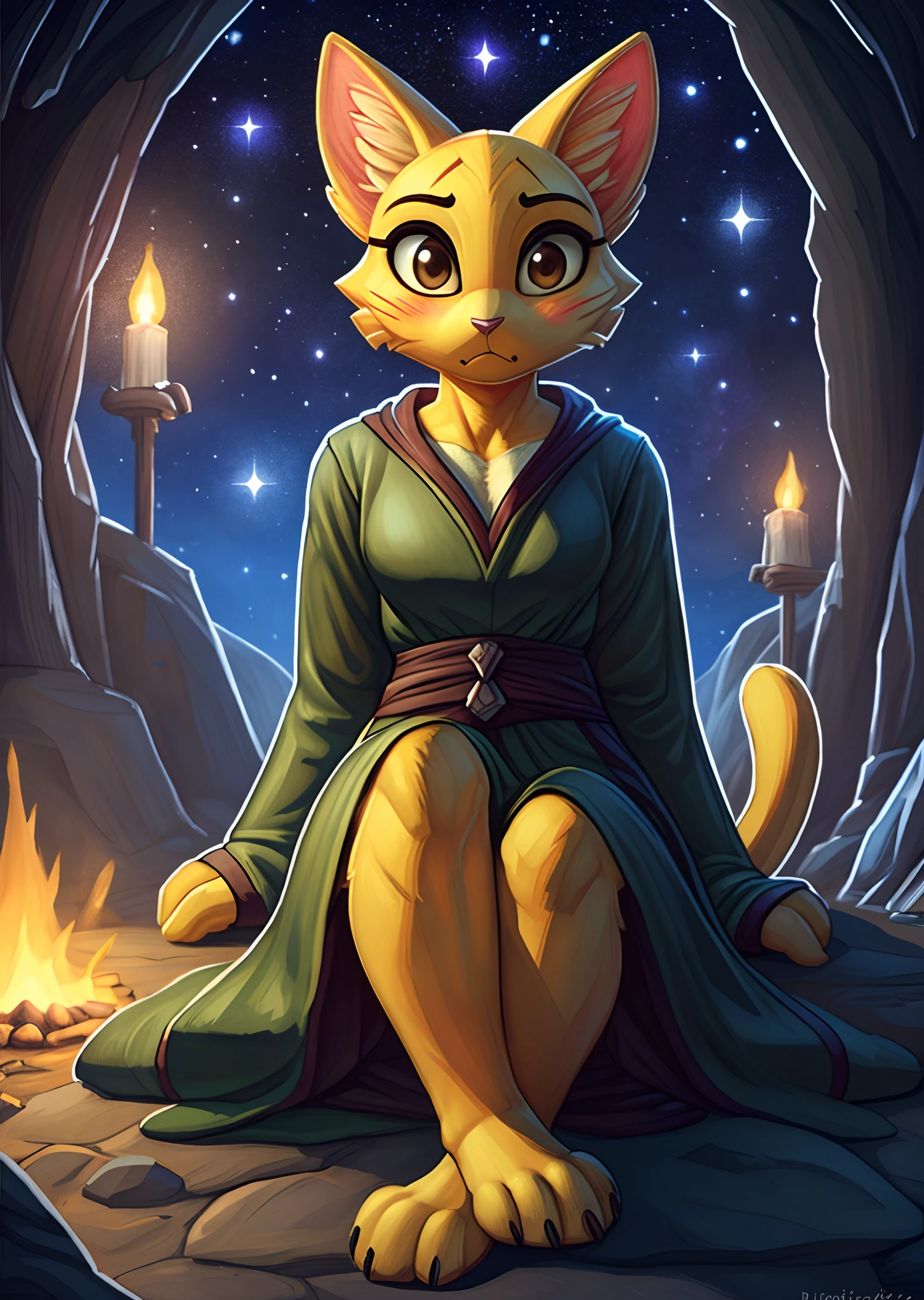 [katia managan], [Uploaded to e621.net; (Pixelsketcher), (wamudraws)], [(Uploaded to twitter.com); (@senip)], ((masterpiece)), ((HD)), ((solo portrait)), ((full body)), ((front view)), ((furry; anthro)), ((D&D)), ((detailed fur)), ((detailed shading)), ((beautiful render art)), {anthro; yellow fur, black nose, (long yellow cat tail), (cute dark brown eyes), (blushing), (surprised)}, {(green long sleeve robe). (long dress), (beautiful feet), (black claws)}, {(sitting), (arms behind back), (legs crossed), (looking at viewer)}, [background; (cave), (starry sky), (campfire), (ambient lighting)]