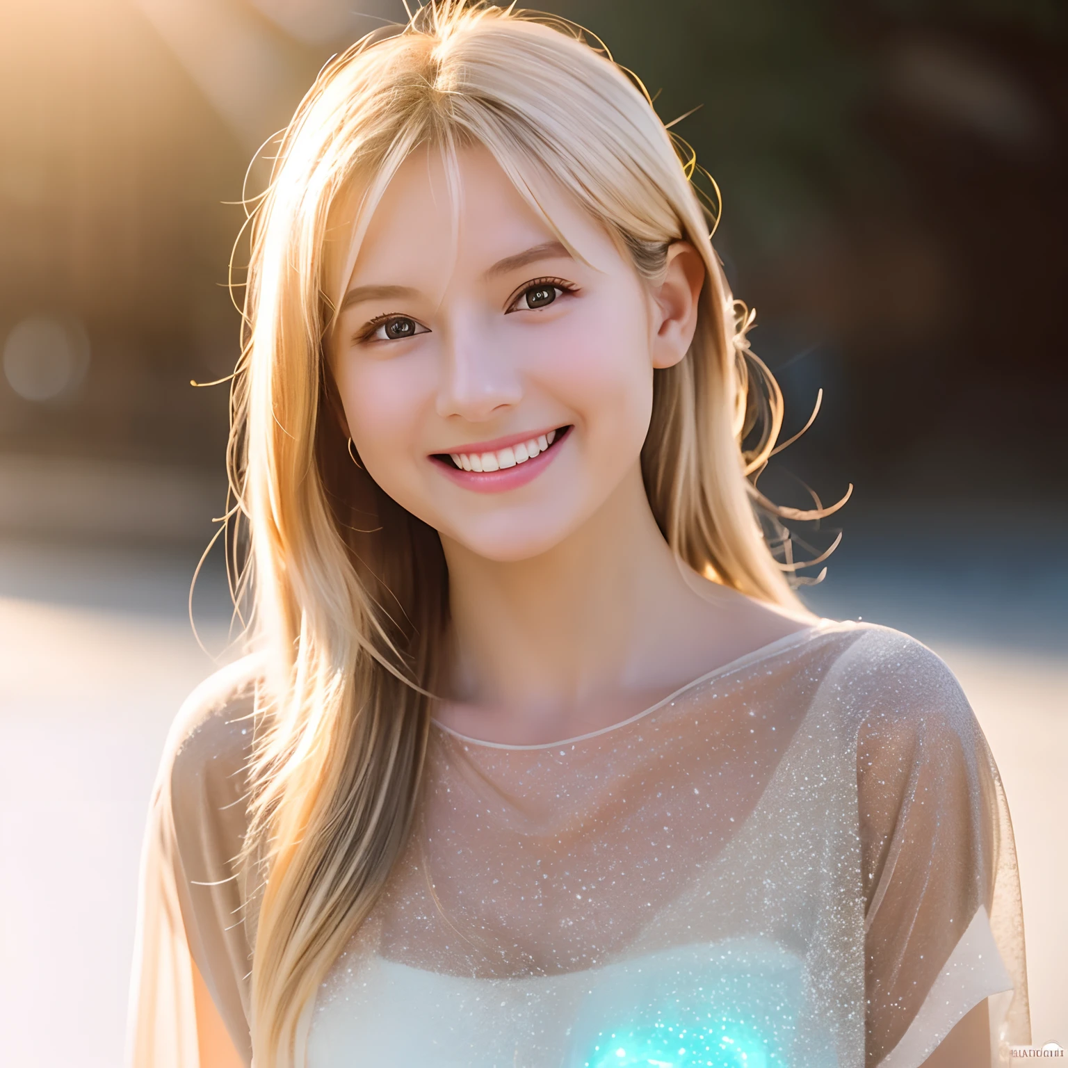 Viewers are watching the highest quality of mysterious realism, (bio luminescent:0.95) cute woman smiling person adorable sheer halo particles of light one girl sheer shirt ray tracing luminous light romanticism big light background goddess soft smile high quality blonde hair