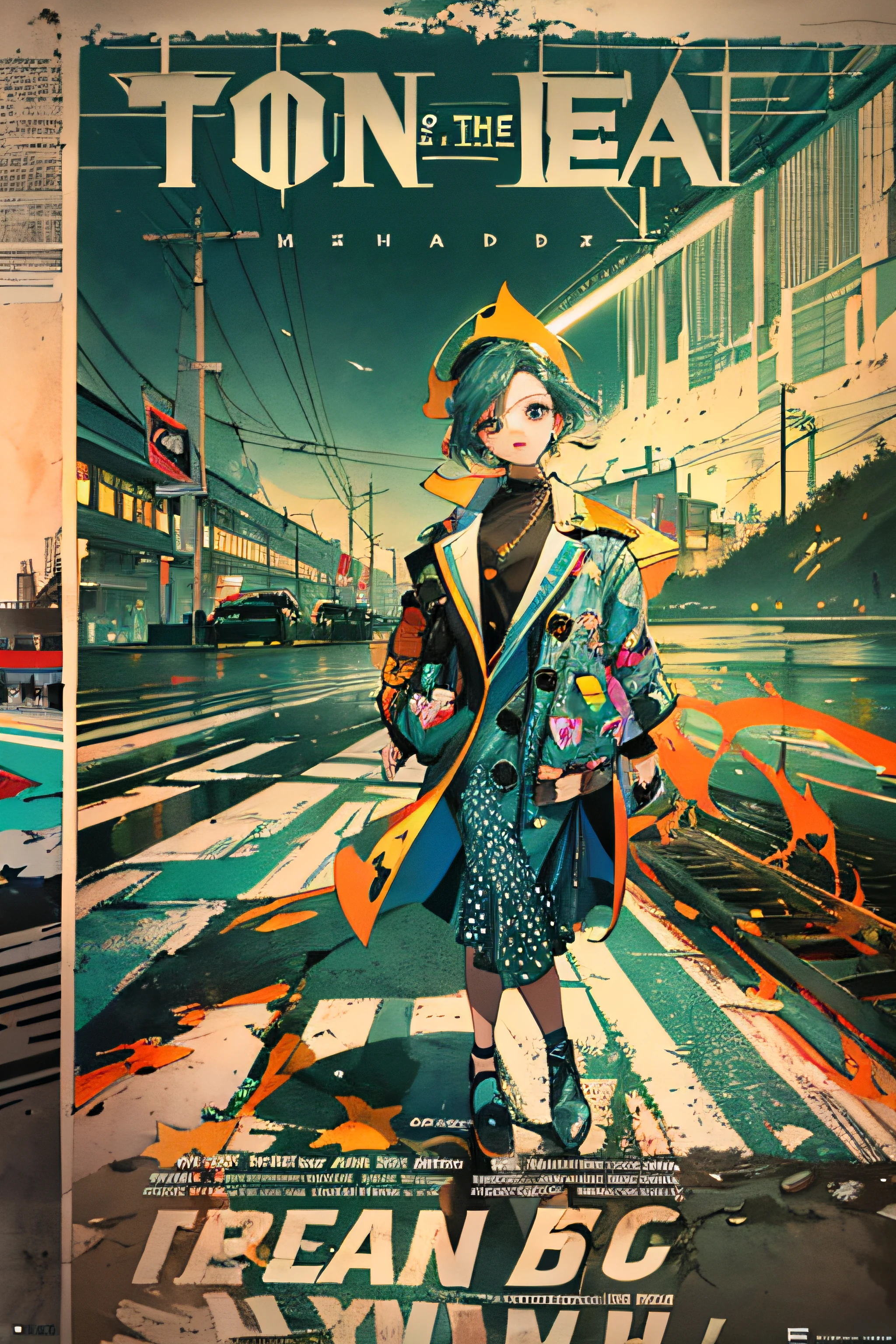 (((dramatic))), (((gritty))), (((intense)))), ocean, wet road, The movie poster features \(Masterpiece, Best Quality), 8k Wallpaper, highly detailed, poster, vintage, 1960s, Bauhaus, cinematic movie poster, shapes, lines, abstract, propaganda, mid century modern, movie poster, The color palette is dominated by dark colors, dotted with bright colors, giving the poster a dynamic and visual impact, (magazine:1.3), (cover-style:1.3), fashionable, vibrant, outfit, posing, front, colorful, dynamic, background, element, confident, expressive, holding, statement, attachment, majestic, coiled, around, touch, scene, cover, bold, eye-catching, fashion, catchy, bigger, eye-catching, modern, trendy, focused, stylish, no text