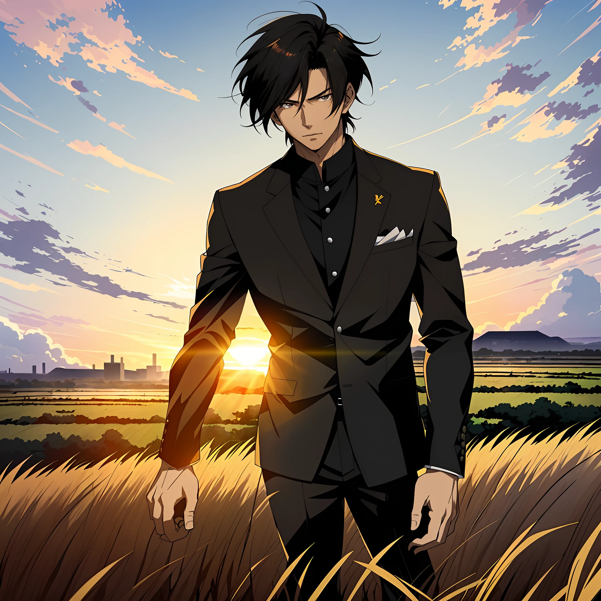 Anime boy in rye field with sunset background, Anime handsome man，Short black hair，Black eyes，Black clothes, Anime portrait of a handsome man, Official illustration, offcial art, young anime man, Key anime art, Smooth anime CG art, Handsome anime pose