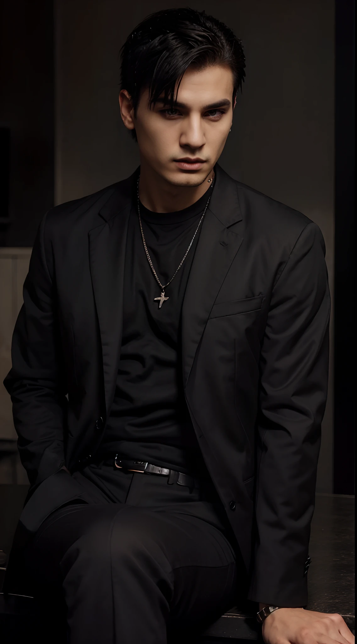A young mafia name Rocky Mafia boss wearing black clothes was siting in him own style with short spiky hair