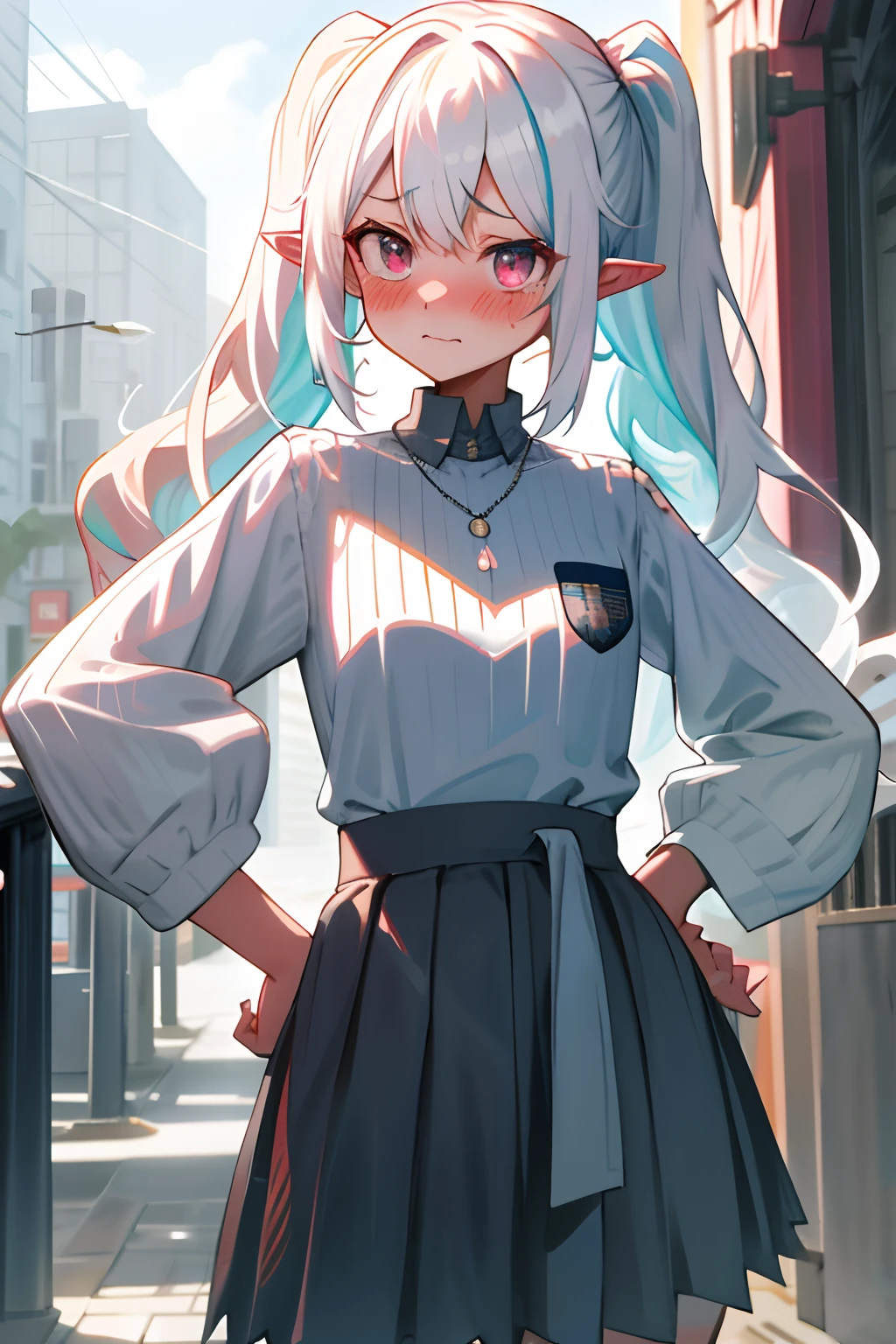 One girl with pigtails wavy hair, white hair, looking at viewer, embarrassed, blushing, tears, outdoor , white shirts, necklace, sleeves rolled up, , pointy ears, perfect waist, standing, hand on hip, clothes around waist, hair ornament, eyeliner