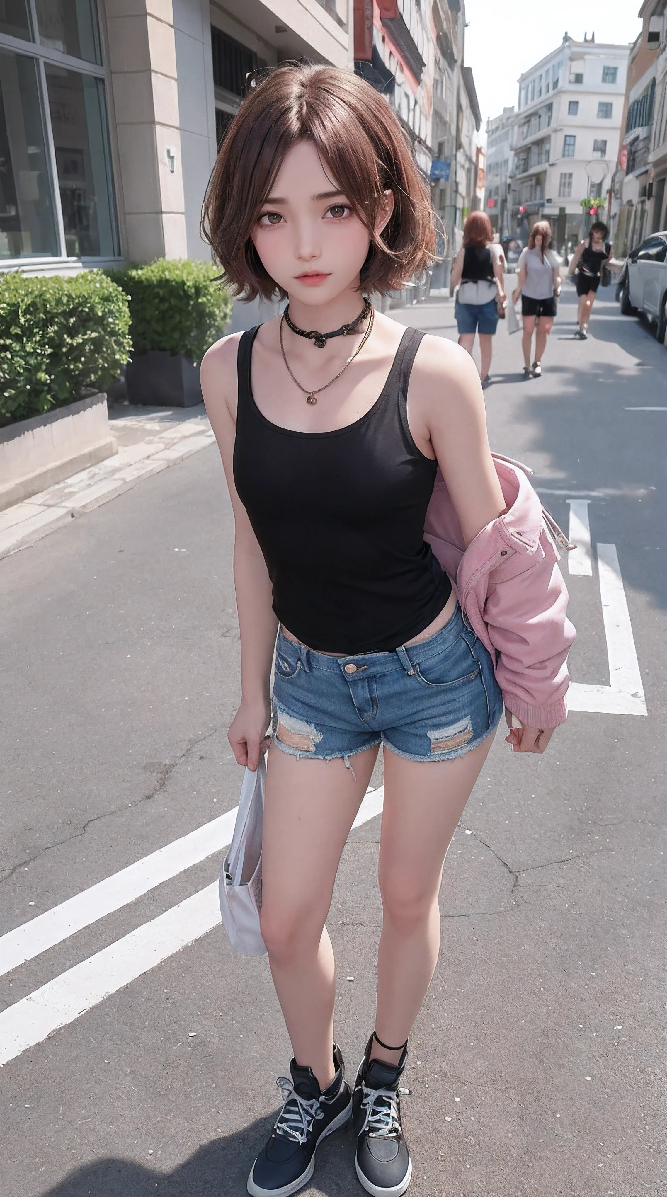 ((medium breast, tomboy girls, small head)), daylight, sunlight, (chiseled abs : 1.1), (perfect body : 1.1), (short wavy hair : 1.2) , auburn hair, collar, chain, full body shot, crowded street, wearing tanktop, jeans jacket, ((shorts)),detailed skin,