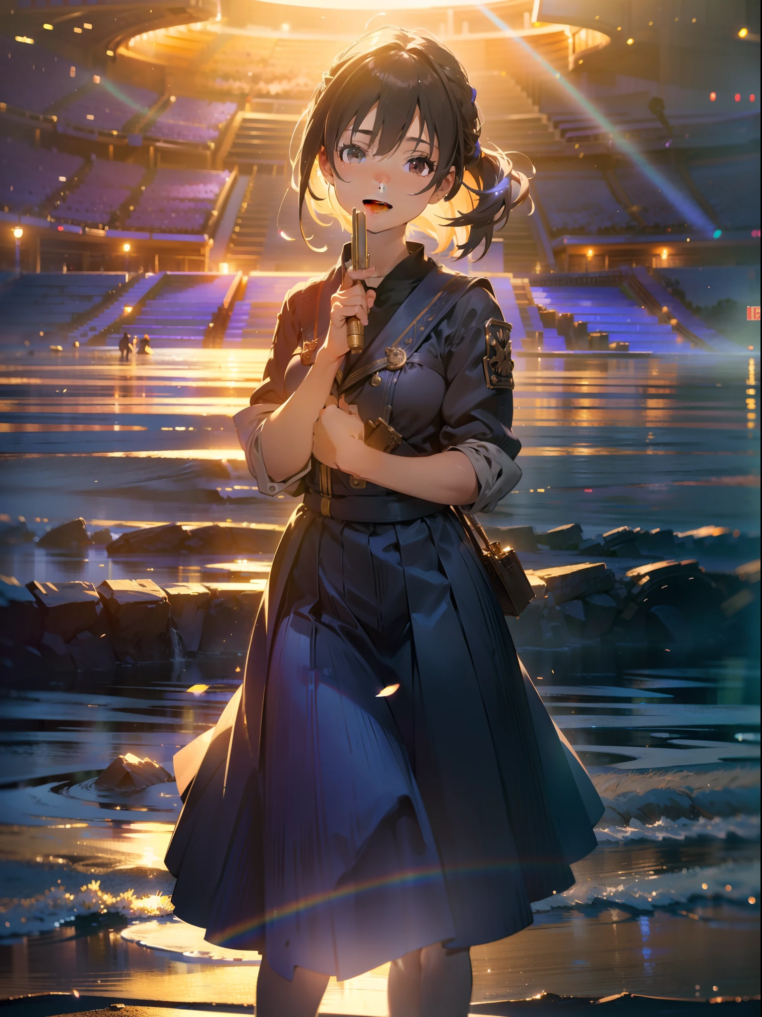 1 girl, character focus,cinematic angle,cowboy shot, standing small river, holding skirt, smile, open mouth , head tilt , high resolution,(incredibly absurdres), (hires.fix:1.3),anime visual,ultra detailed CG unity 8k wallpaper, ((masterpiece)), ((top-quality)), (beautiful illustration), ((an extremely delicate and beautiful)),((realistic))