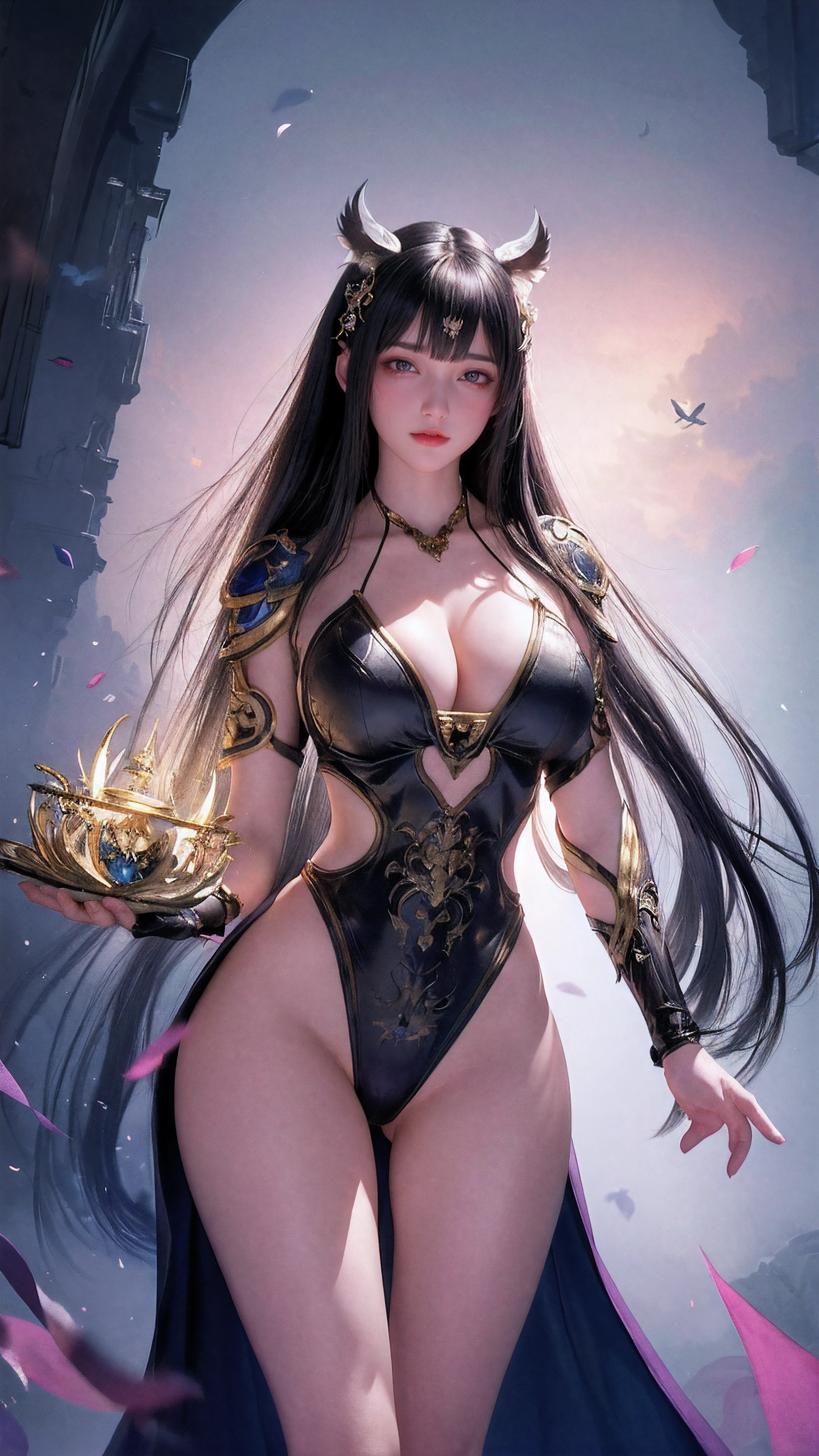 1girl, depth of field, official art, unity 8k wallpaper, ultra detailed, illustration, beautiful and aesthetic, masterpiece, best quality, knight, (big breasts), (milf, mature female), (black armor, armor, breastplate), beautiful face, (long hair, black hair, very straight hair:1.4, hime cut:1.4), blue eyes, cowboy shot, glowing skin, back lighting, athletic figure, muscular female, curvy, wide hips, colorful, looking at viewer, Hyperrealistic, gradient background, dark background, outline, fantasy, from the front, watercolor, traditional media, (chromatic aberration, intricate details)