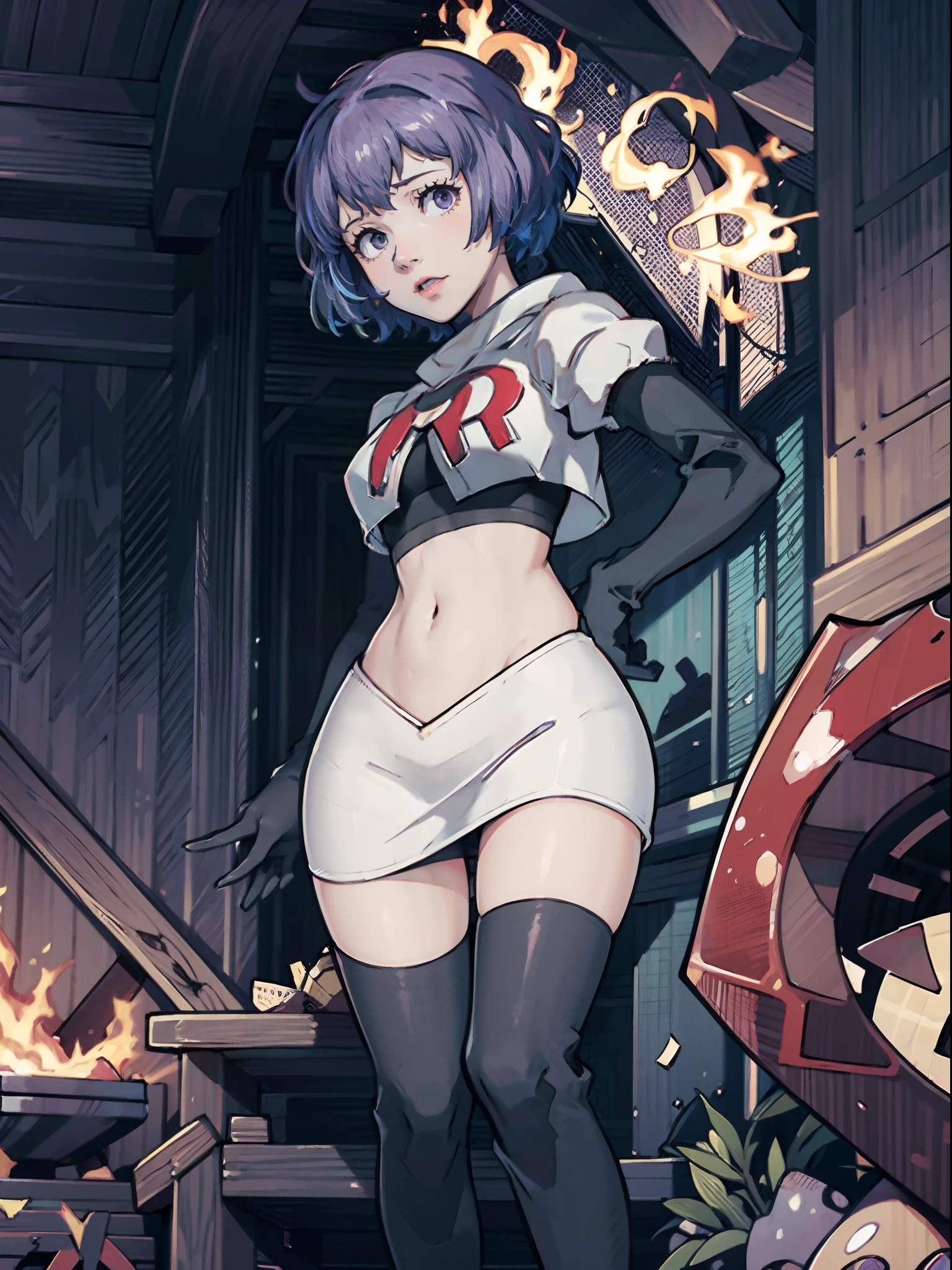 warBernie, face of Bernadetta von Varley (Fire Emblem: Three Houses), 1girl,team rocket,team rocket uniform,white skirt,white crop top,black thigh-highs,black elbow gloves