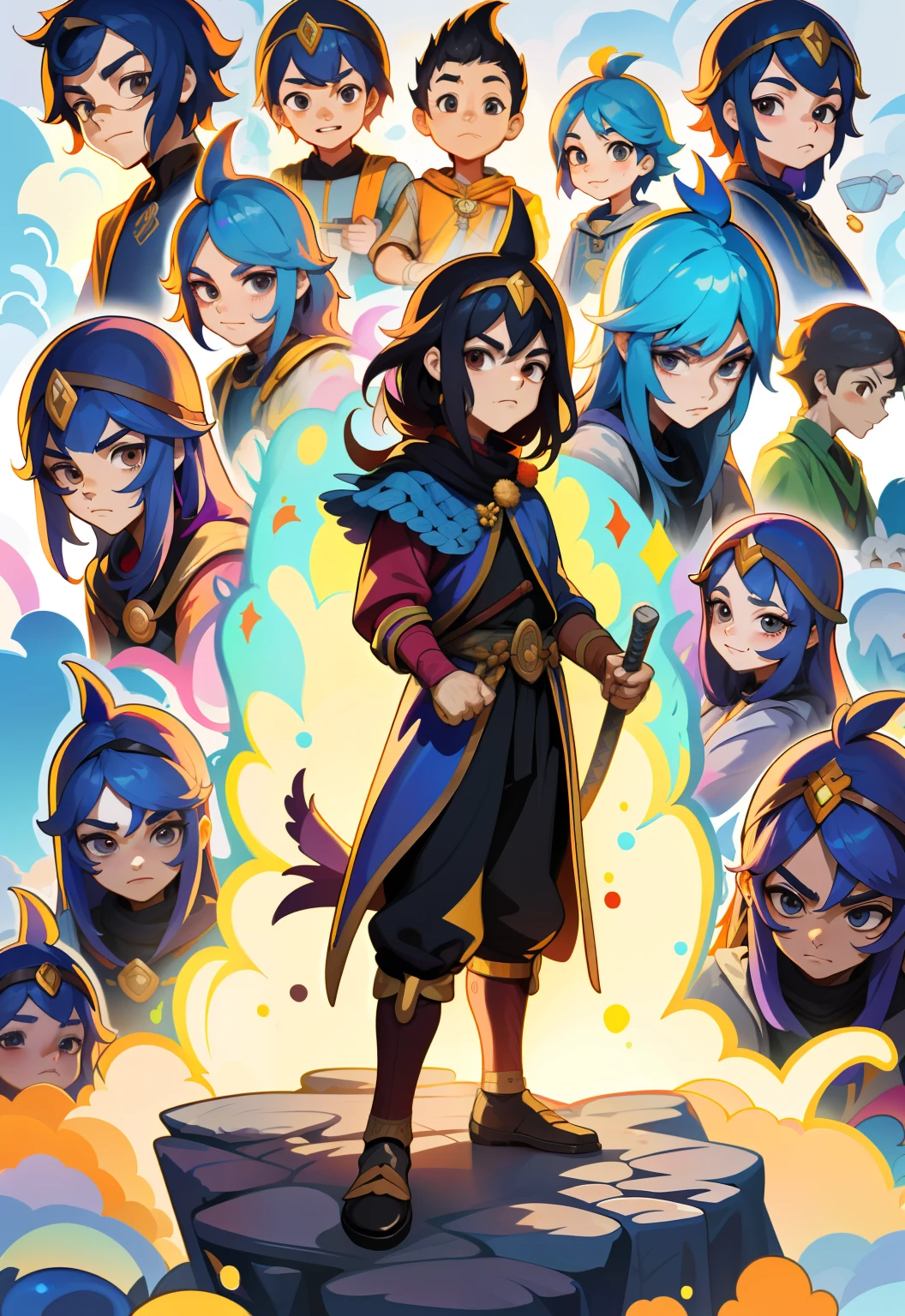 Adesivos, fundo simples, Personagens masculinos, Multiple poses in sequence of the same character at different ages, ((barnet, adulto e velho)), Transition of a Warrior's Life, Inside the Royal Palace, Children's Story Illustrations, conta de fadas, cores vibrantes, um rei velho, um novo rei jovem, cartoon illustration, disco Rigido, melhor qualidade, Chibi