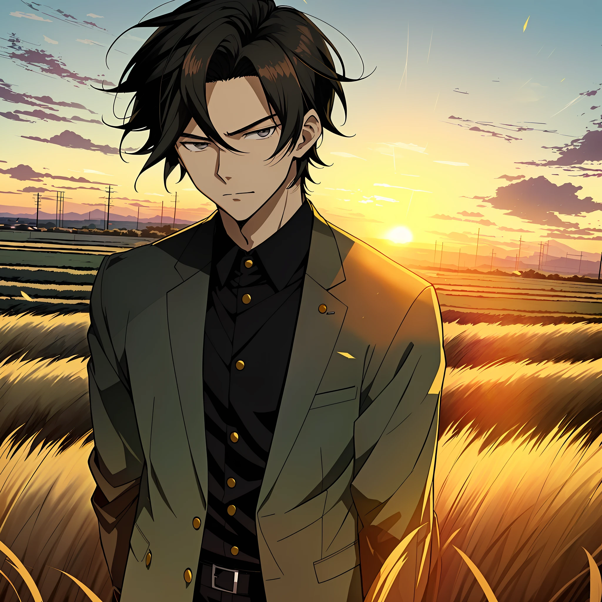 Anime boy in rye field with sunset background, Anime handsome man,Short black hair,Black eyes,Black clothes, Anime portrait of a handsome man, Official illustration, offcial art, young anime man, Key anime art, Smooth anime CG art, Handsome anime pose