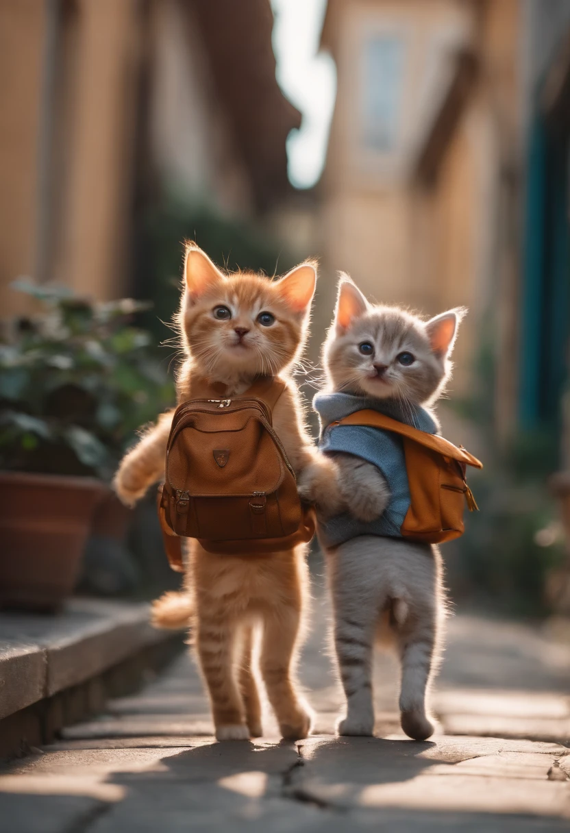 I have two little kittens, a cute little cat, cute kittens, Cutest, Incredibly cute, Adorable and cute, And cute and lovely. They are walking down the street with backpacks, Walking together, commute, Proudly walk down the street, And the cat is walking. They are cute in the style of 🍂 and 🍁, Adorable and cute, Cute and adorable, oh, nice and cute. They are known as real-life Tom and Jerry.