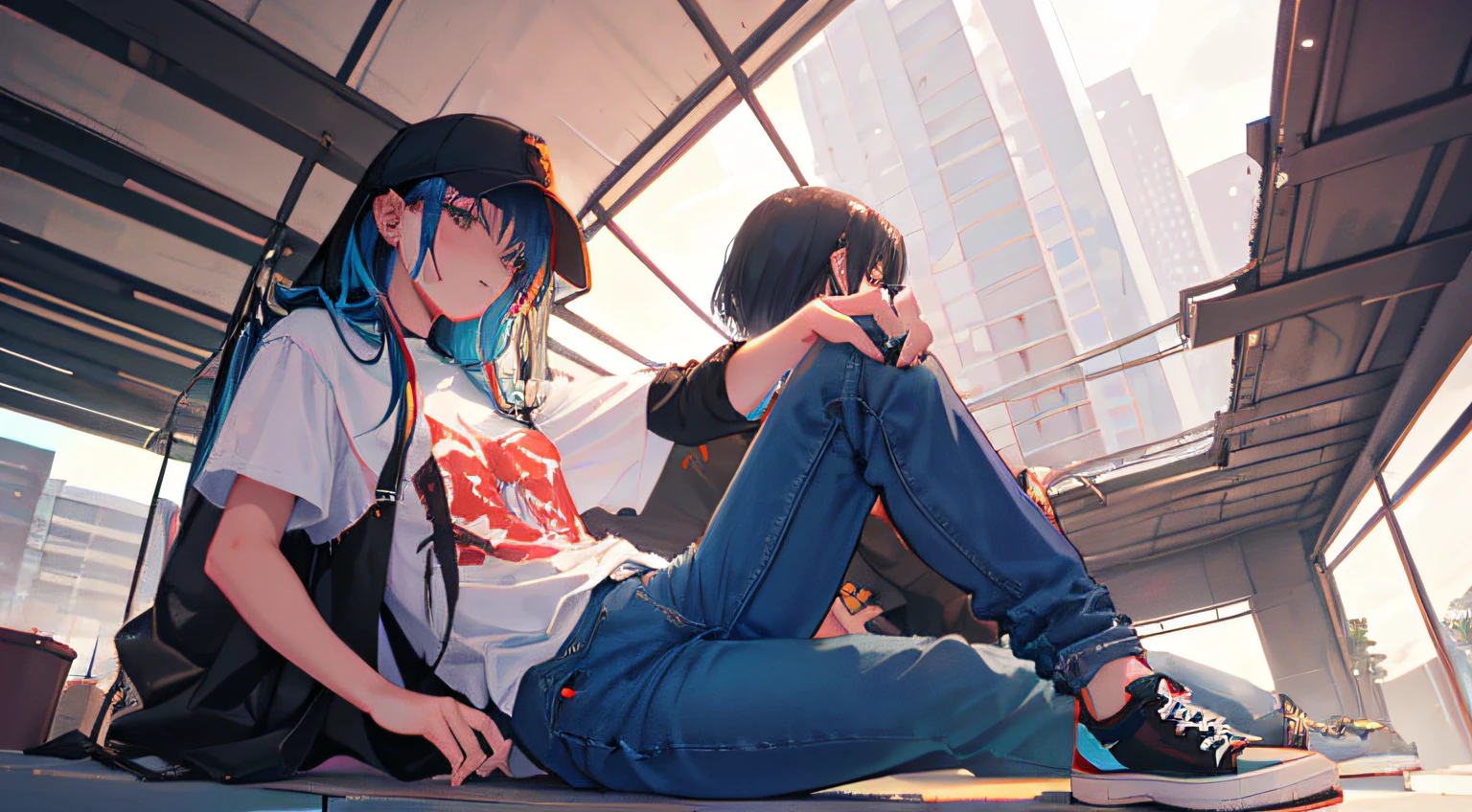 Asuka et une femme qui arbore un style streetwear moderne, Dressed in ripped skinny jeans, d'un t-shirt noir avec un motif minimaliste, d'une veste en cuir qui ajoute une touche rebelle, and stylish sneakers. Ses cheveux roux, styled in a more natural way, encadrent son visage, And his attitude exudes confidence and rebellion.