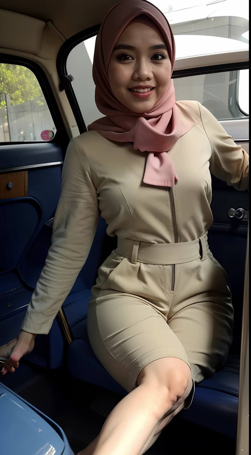 Malay girl in hijab wear pastel color short jumpsuit, seat on top of vintage car, old car, bottom view, detail skin, detail skin texture, mole below eyes, small breast, wide hip, wide waist, thick thigh, slim abs, beautiful body, evening, laughing, happy, bright lighting, blur background, bokeh,