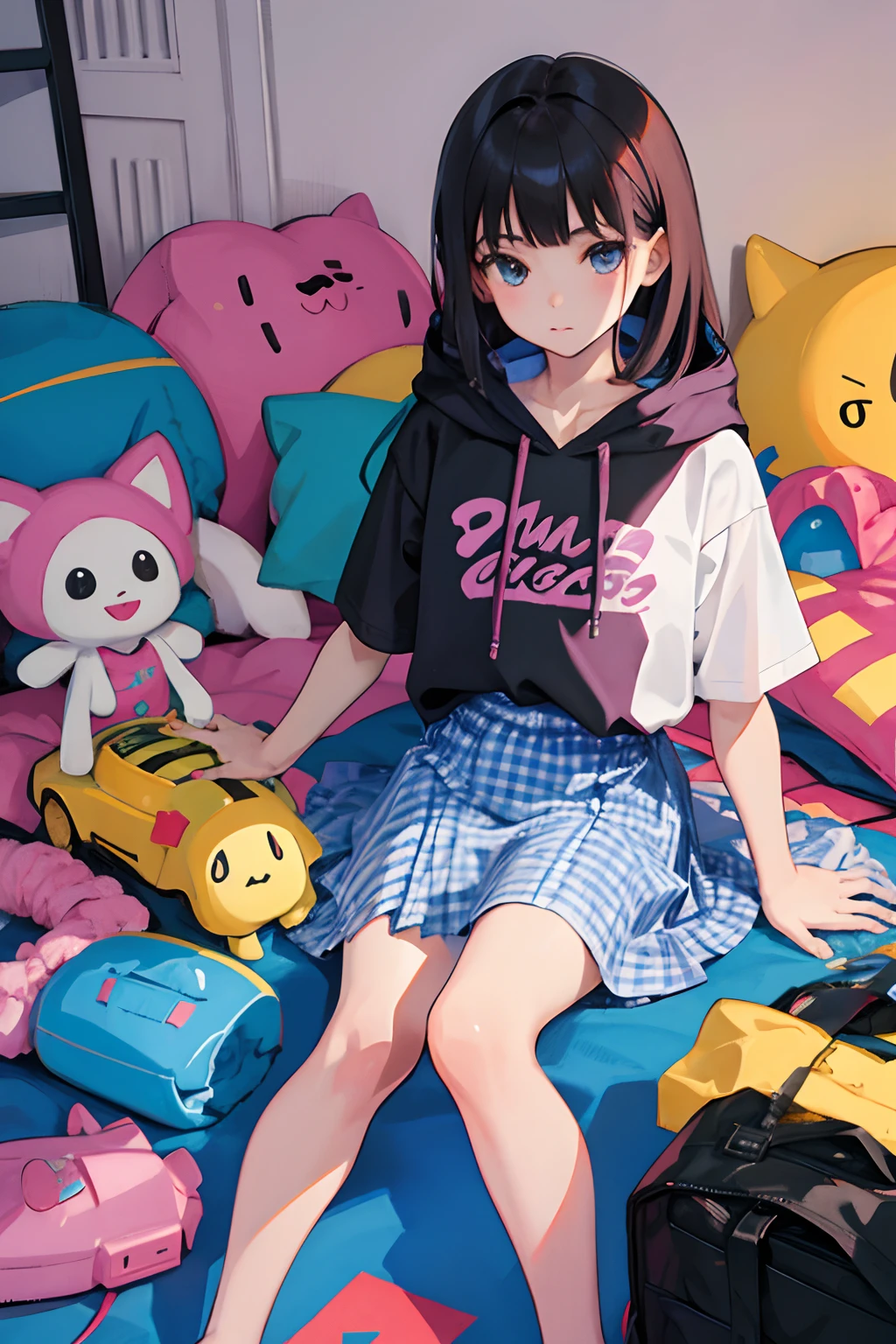 (*****)，（​masterpiece，Highest Quality），Pastel hoodies with short sleeves，(gingham checked skirt)，A dark-haired，World of toys