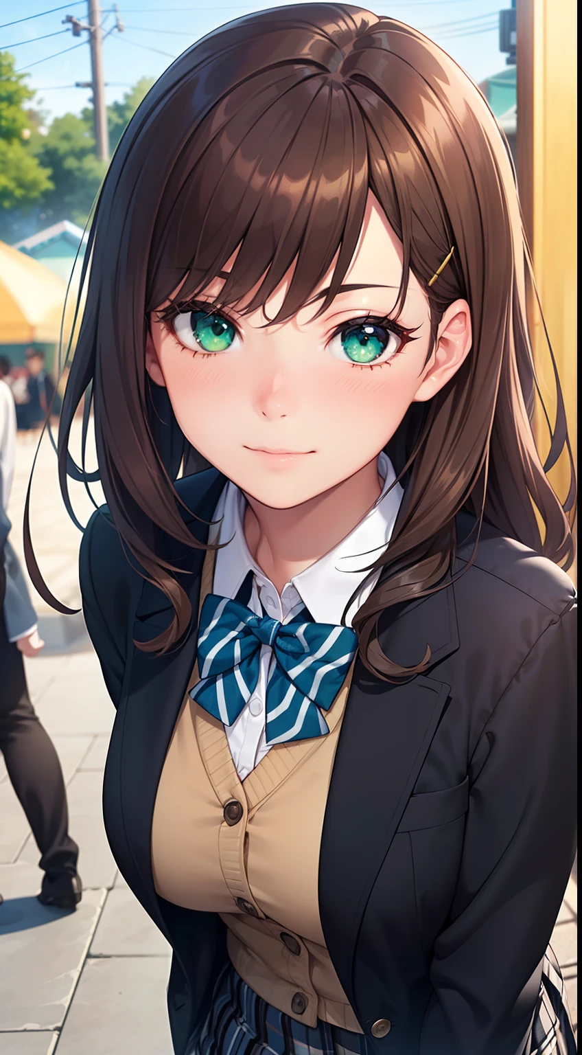 ((Masterpiece, Best quality, A high resolution, hyper HD, Perfect pixels, Depth of field, 4K, RTX, hdr))), 1girll, Single, Solo, Beautiful anime girl, Beautiful Art Style, anime figure, ((Long hair, bangs, Brown hair, Curly hair:0.8)), ((Green eyes:1.4, Rounded eyes, Beautiful eyelashes, Realistic eyes)), ((Detailed face, Blushing:1.2)), ((Smooth texture:0.75, Realistic texture:0.65, Photorealistic:1.1, Anime CG style)), Medium breasts, Dynamic Angle, Perfect body, ((Portrait, angle of view)), ((red bowtie, school uniform, Black jacket, Open jacket, Brown cardigan, White shirt, Black skirt, plaid skirts)), Smile, An amusement park