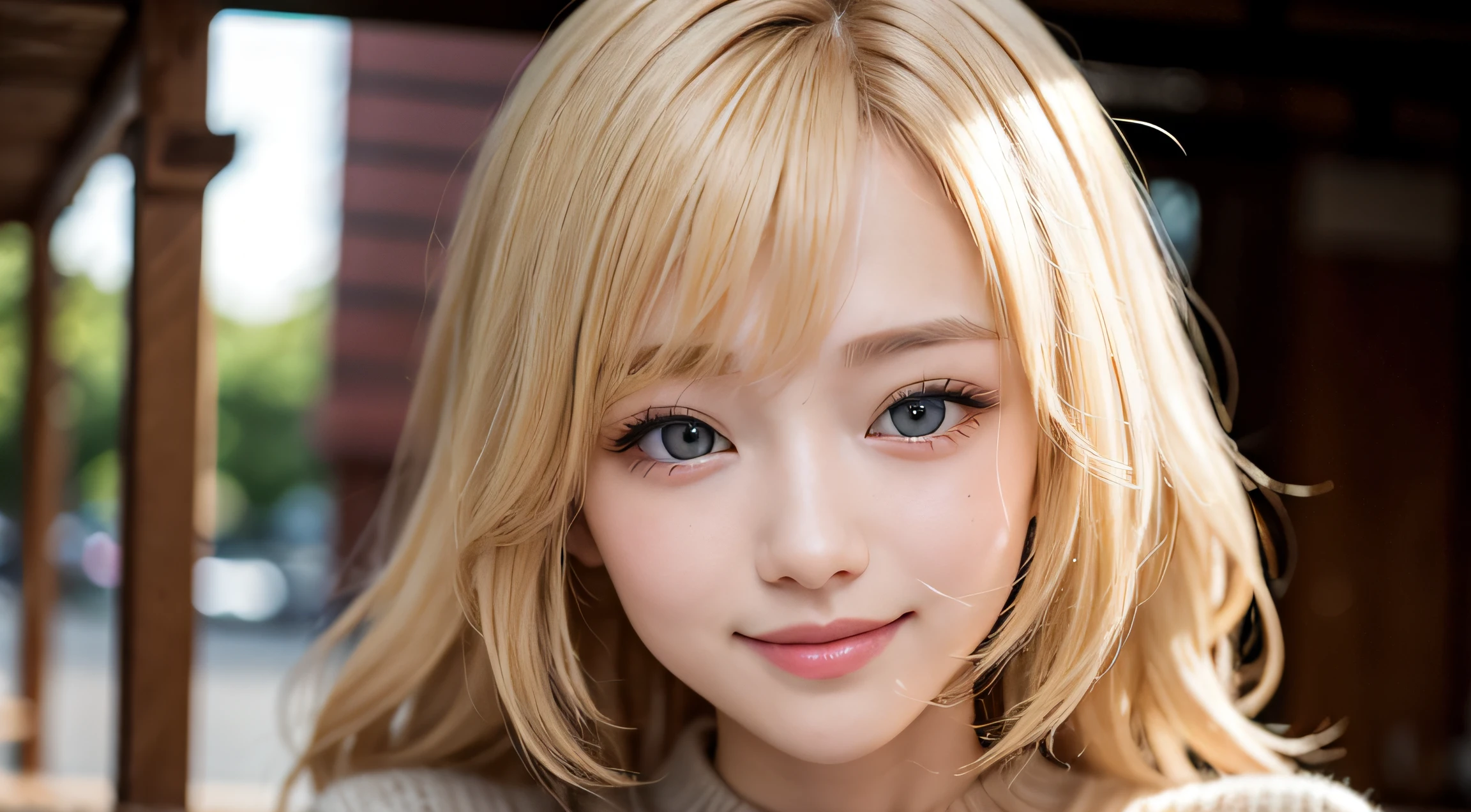 studio light, depth of field, upper body, slender, cute face, smile, beautiful details eyes, 19yo japanese, pretty, Voluminous curls with warm blonde color, Plaza, casual