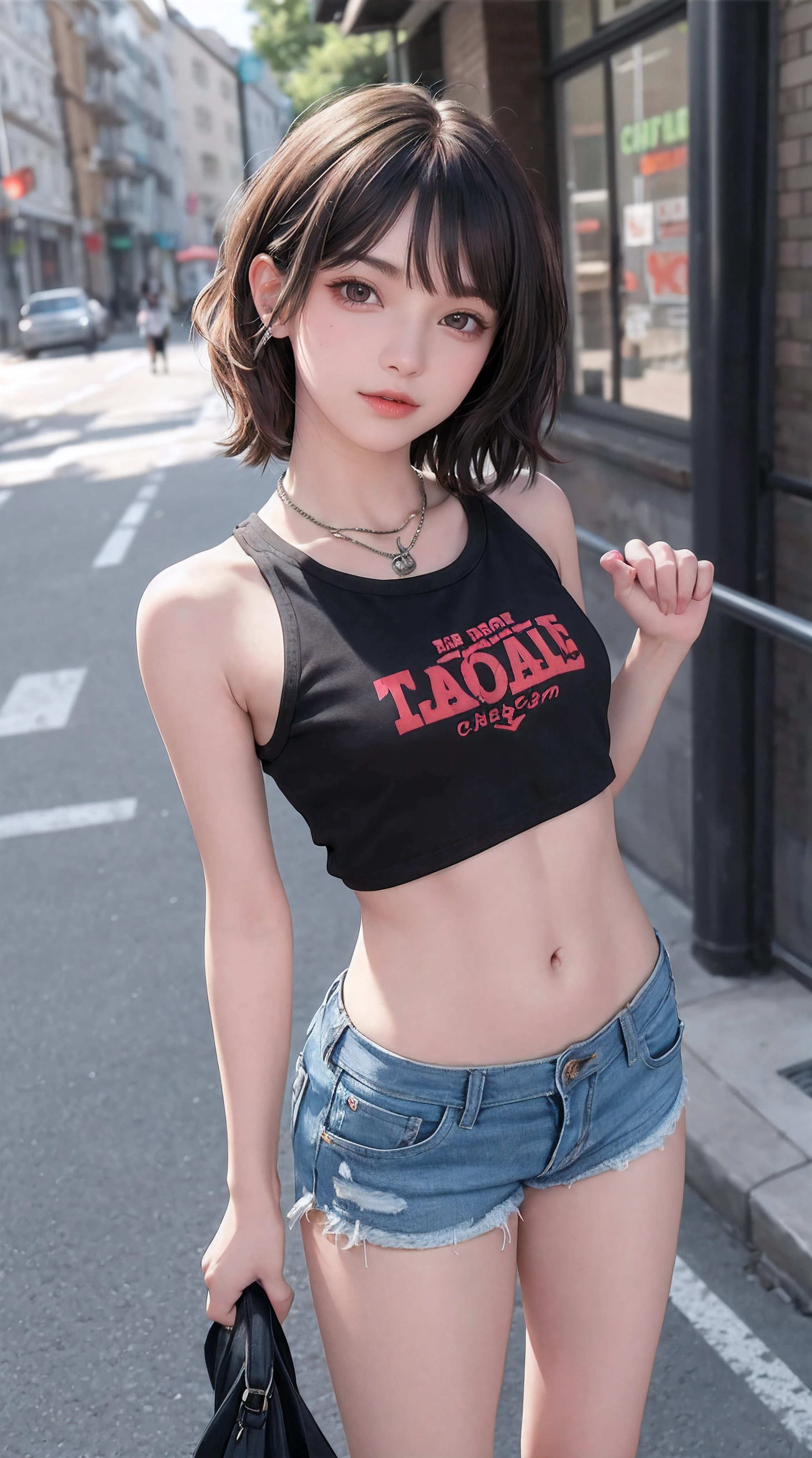 ((medium breast, tomboy girls, small head)), daylight, sunlight, (chiseled abs : 1.1), (perfect body : 1.1), (short wavy hair : 1.2) , auburn hair, collar, chain, full body shot, crowded street, wearing tanktop, jeans jacket, ((shorts)),detailed skin,