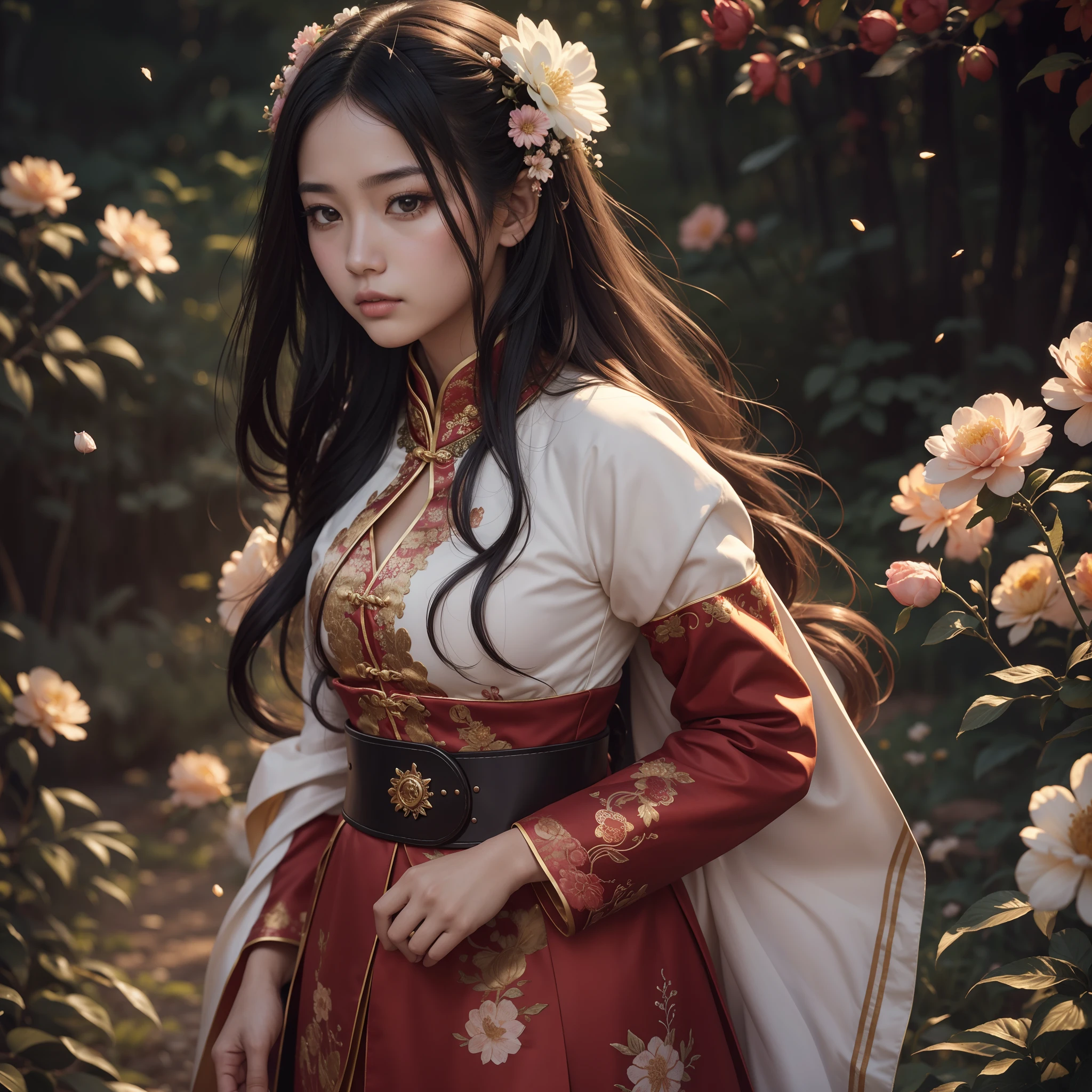 xuner, 1girl, cowboy shot, long hair, hair flower, expressionless, looking at viewer, chinese dress, petals falling, (masterpiece, top quality, best quality, deep focus, official art, beautiful and aesthetic:1.2), extreme detailed, soft nature lights, ultra realistic, 8k resolution, realistic,
