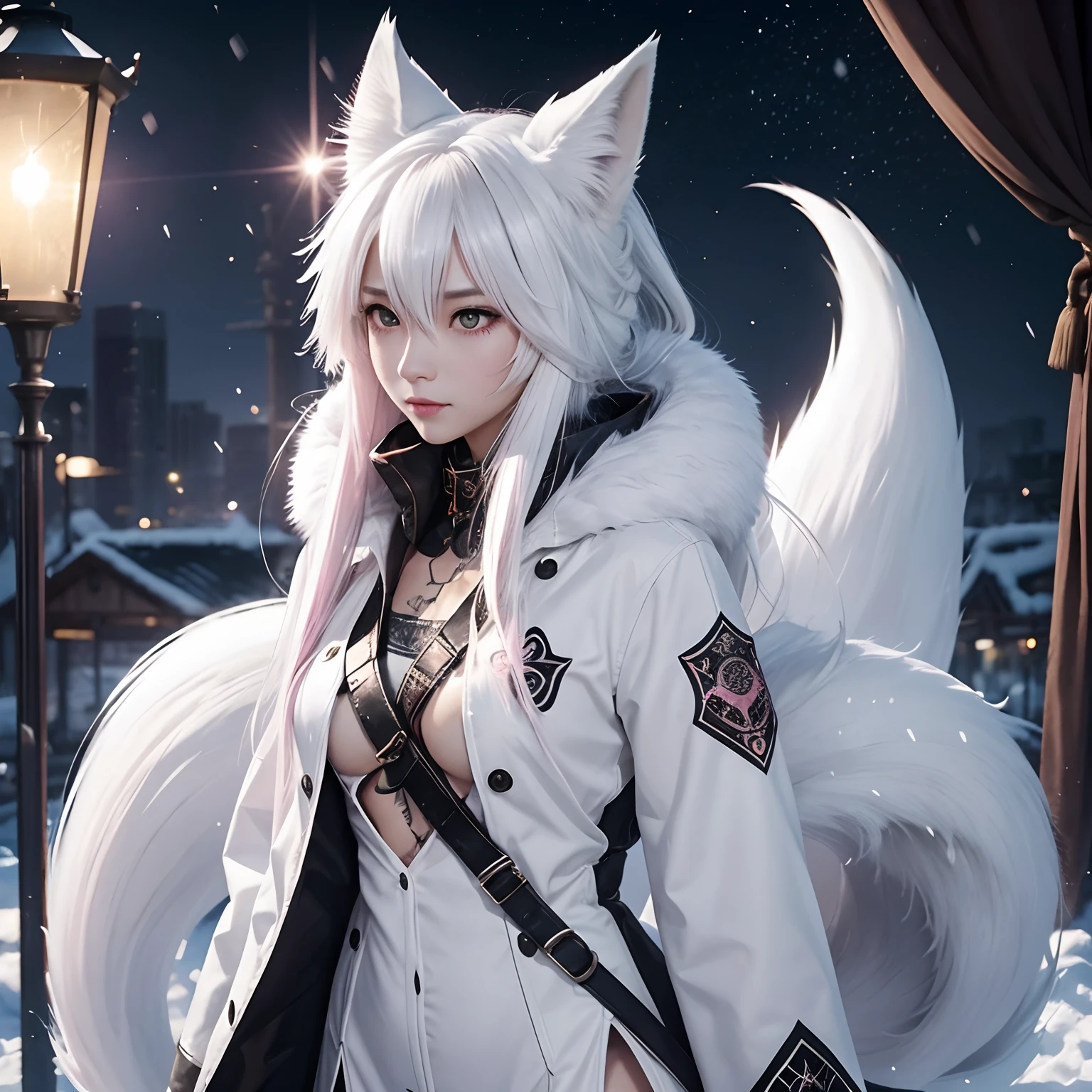 White fox, Pink eyes, pubic tattoo, womb tattoos, Long hair, Black hair, Furry, nightcity, Glowing eyes, no feelings, long tail, Collar, human - shaped, Shy, White Earphones, Fox tail, of the highest quality, core, Slime Core, White body, name: Snow, Fox tail, Black tail, Open coat、Please dress properly、western clothes、military outfits、Sharp eyes、Golden eyes