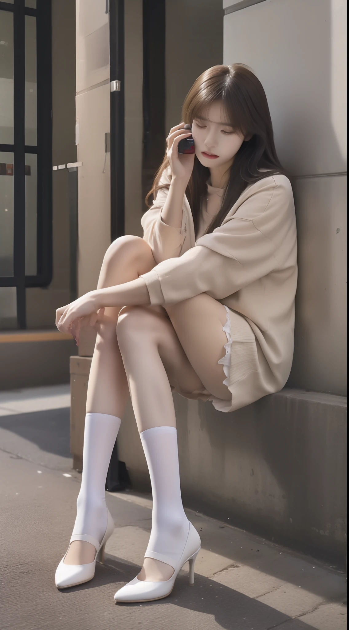 one-girl，Long legs 1.2，white Heels，black lence stockings，Home，Sit against the wall and sit on the ground，streaming tears，There is a phone with a bright screen next to him