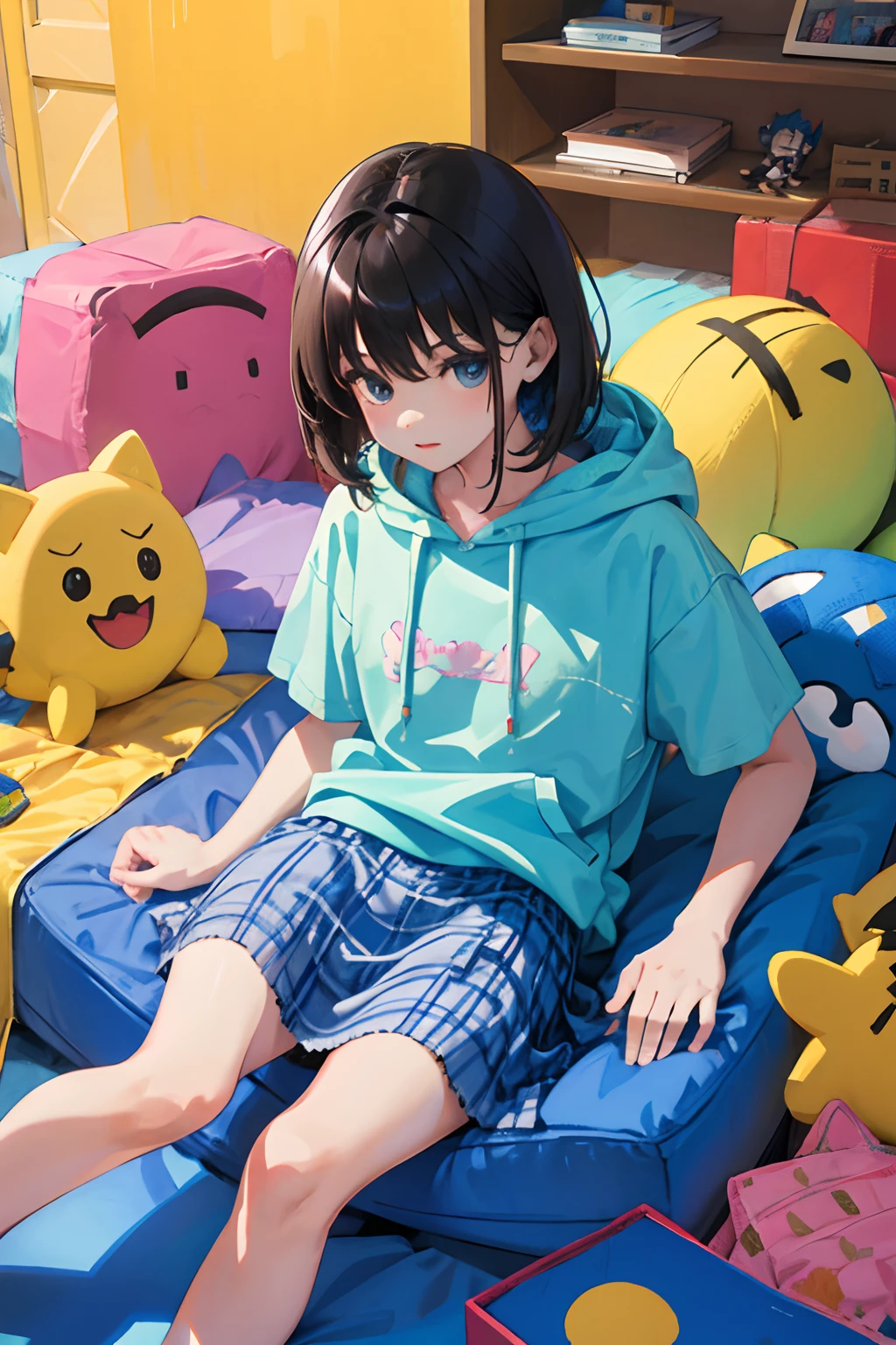 (child),(masterpiece,Highest Quality),Pastel hoodies with short sleeves,(gingham checked skirt),A dark-haired,World of toys