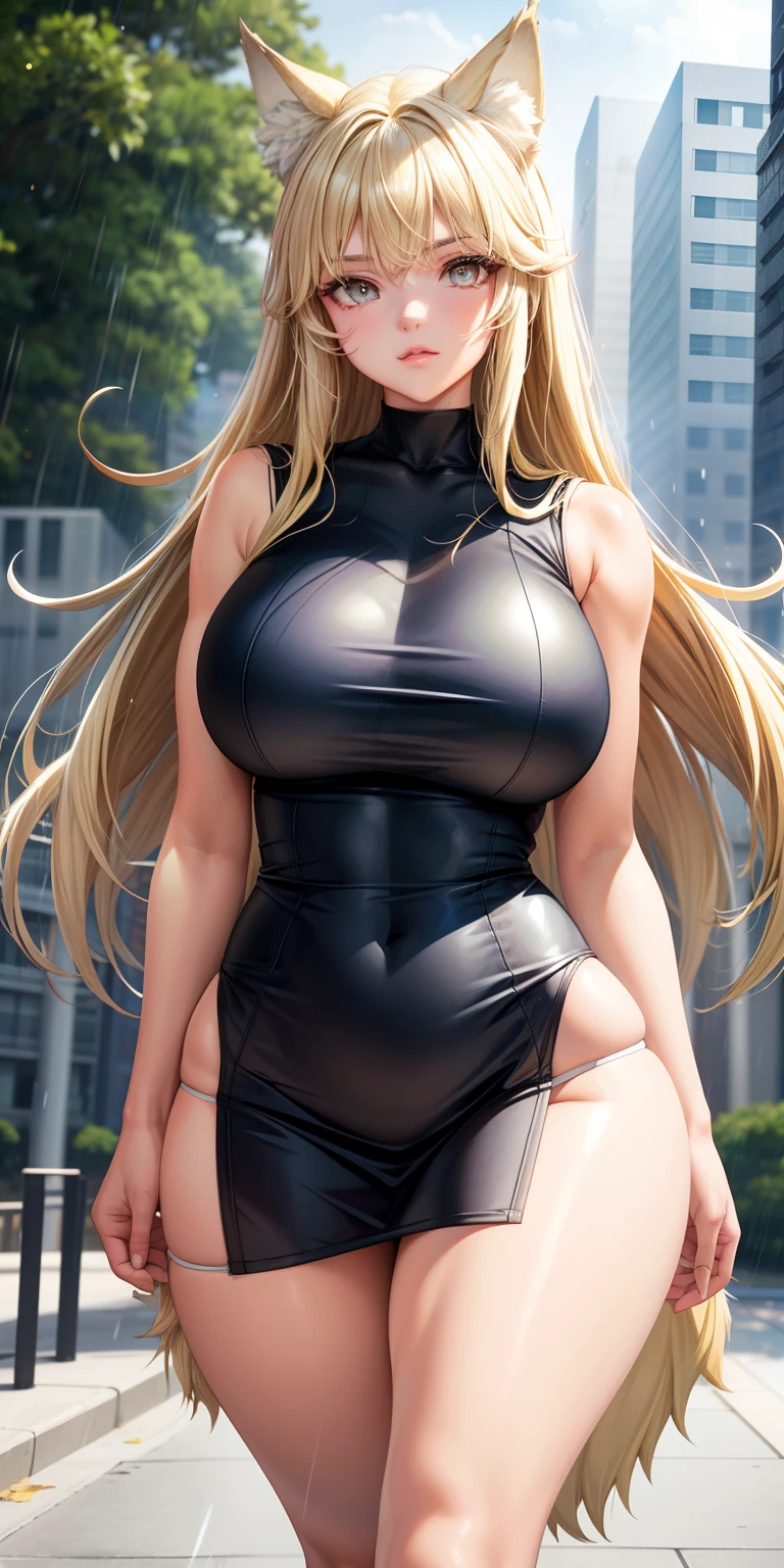 Big breasts, 1girll, ((Blonde hair)) ((Wolf Girl)) The left eye is blue, The right eye is grayish-white, Has an extremely sexy body, Plump breasts and slender waist, and extremely sexy body, Wear a sleeveless top, Thick and short , Has a bold look. Young, quality, Realistic, Best quality, rain, Walking, park